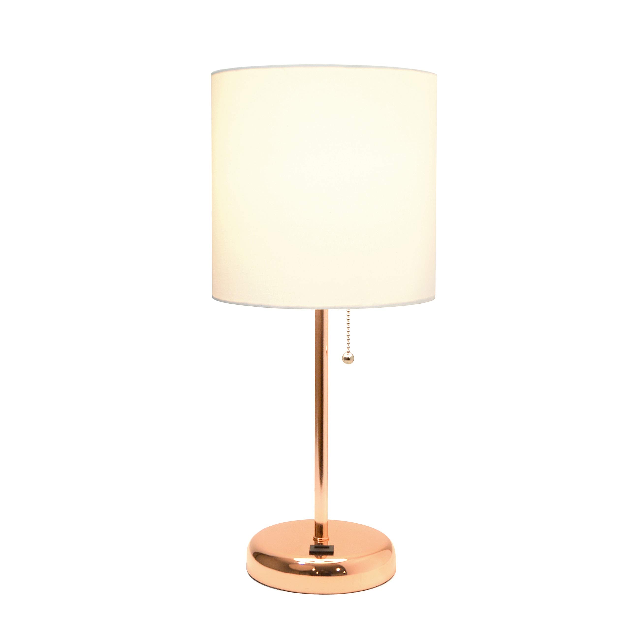 Simple Designs Lt2044-Rgd Rose Gold Stick Table Desk Lamp With Usb Charging Port And Drum Fabric Shade, White Shade