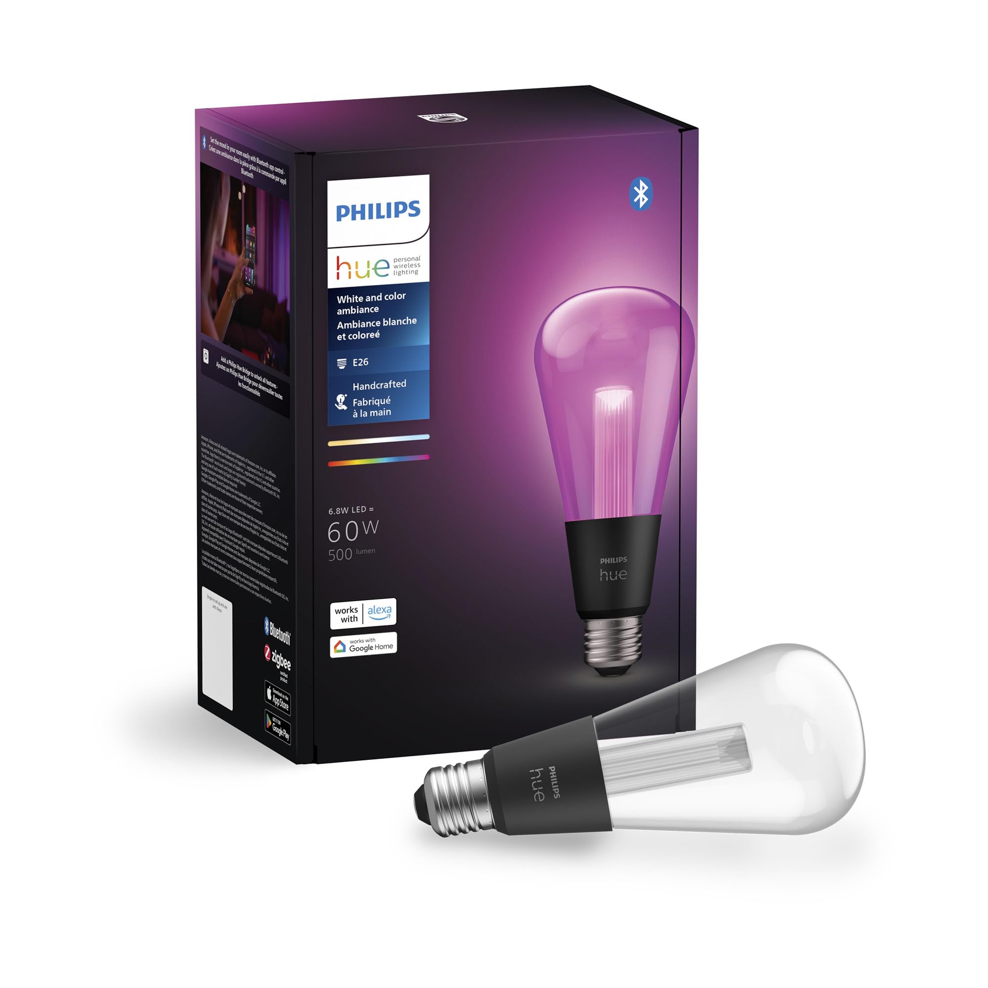 Philips Hue Lightguide St70 Edison Smart Led Bulb - Handblown Glass - Color Changing Light - Compatible With Amazon Alexa, Apple