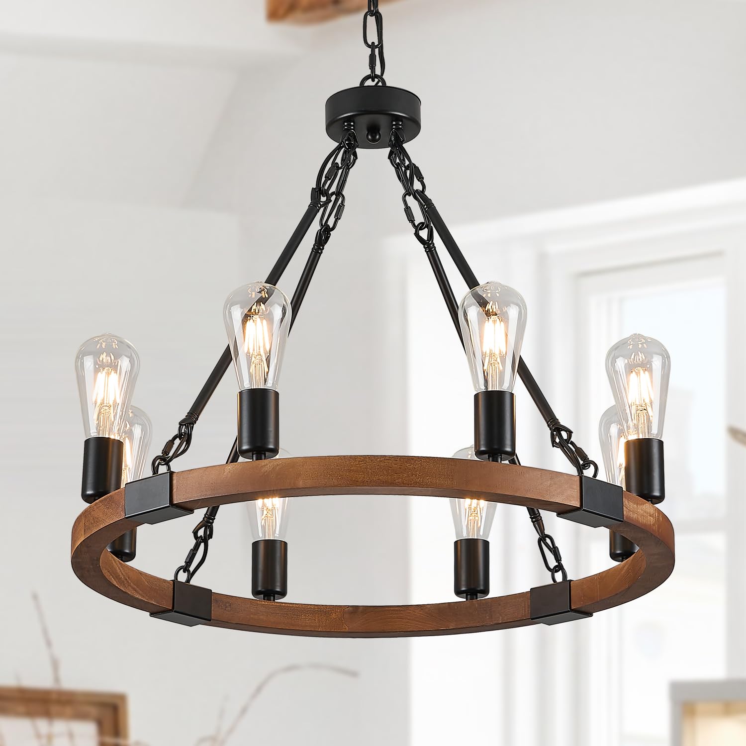 Poemoon Farmhouse Wooden Wagon Wheel Chandelier 8 Lights 23.6 Rustic Black Metal Light Fixtures Vintage Wood Round Chandelier for Living Dining Room Kitchen Entryway Foyer