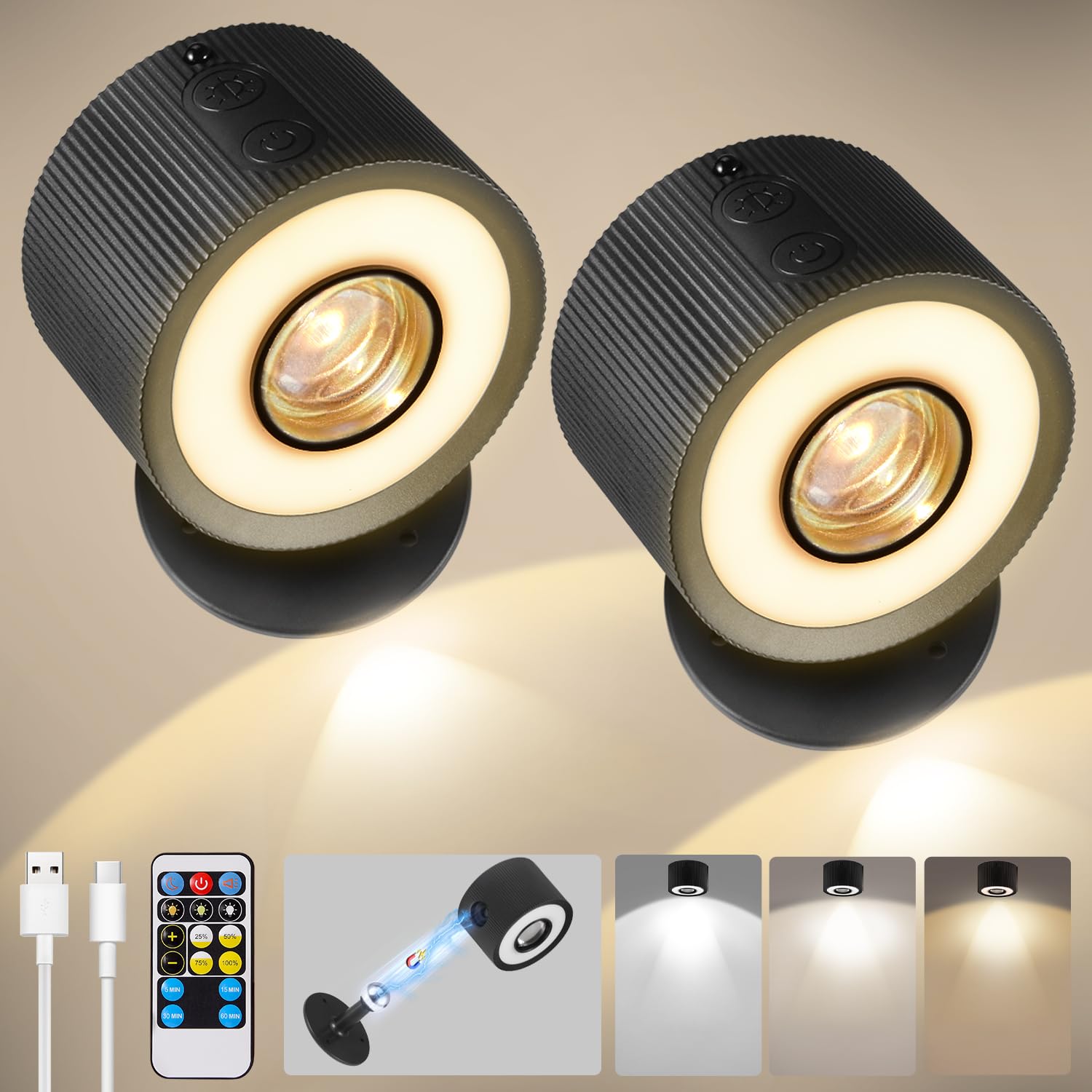 Plomixius LED Wall Mounted Lights, 3000mAh Rechargeable, 3 Lighting Modes, 2 Pcs, Black-3 Color, Model YMX-1011