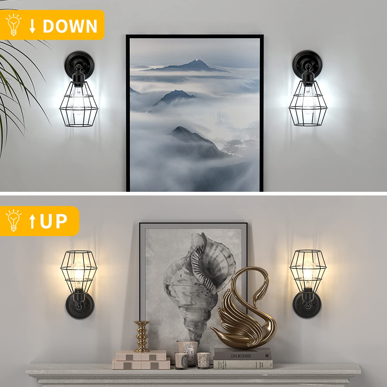Elibbren Industrial Wall Sconce, Vintage Wire Cage Design, Metal, Black, 2 Pack