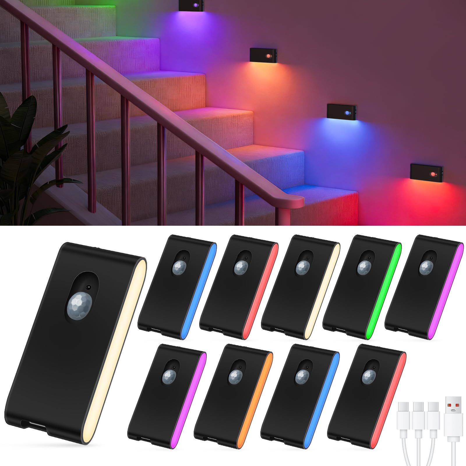 WILLED Motion Sensor Light Indoor, RGB & Warm White Motion Sensor Night Light, Rechargeable Stair Lights Indoor, Color Changing 