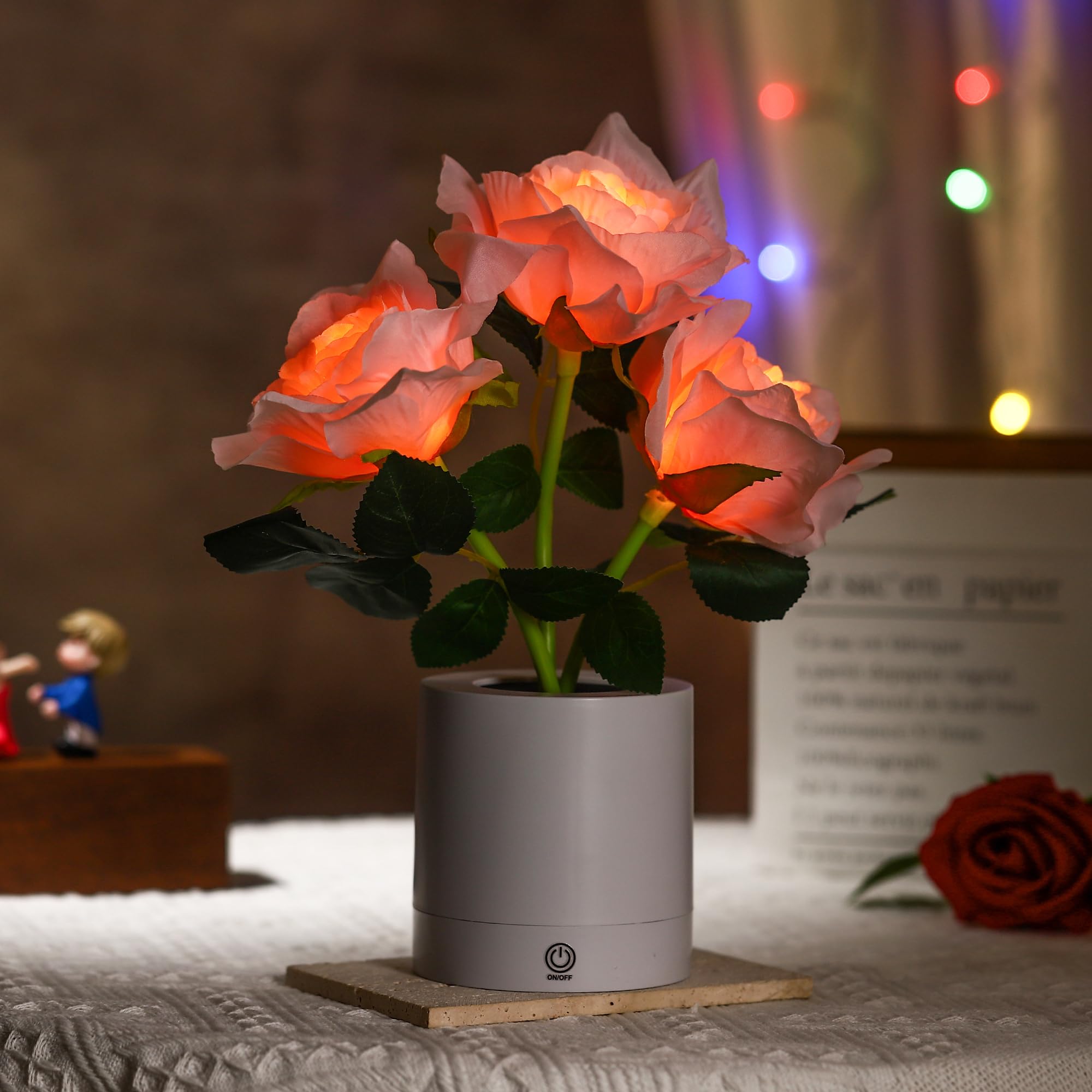 WSYEAR LED Artificial Rose Flower Lamp, Cordless Touch Night Light, Pink Rose Decor