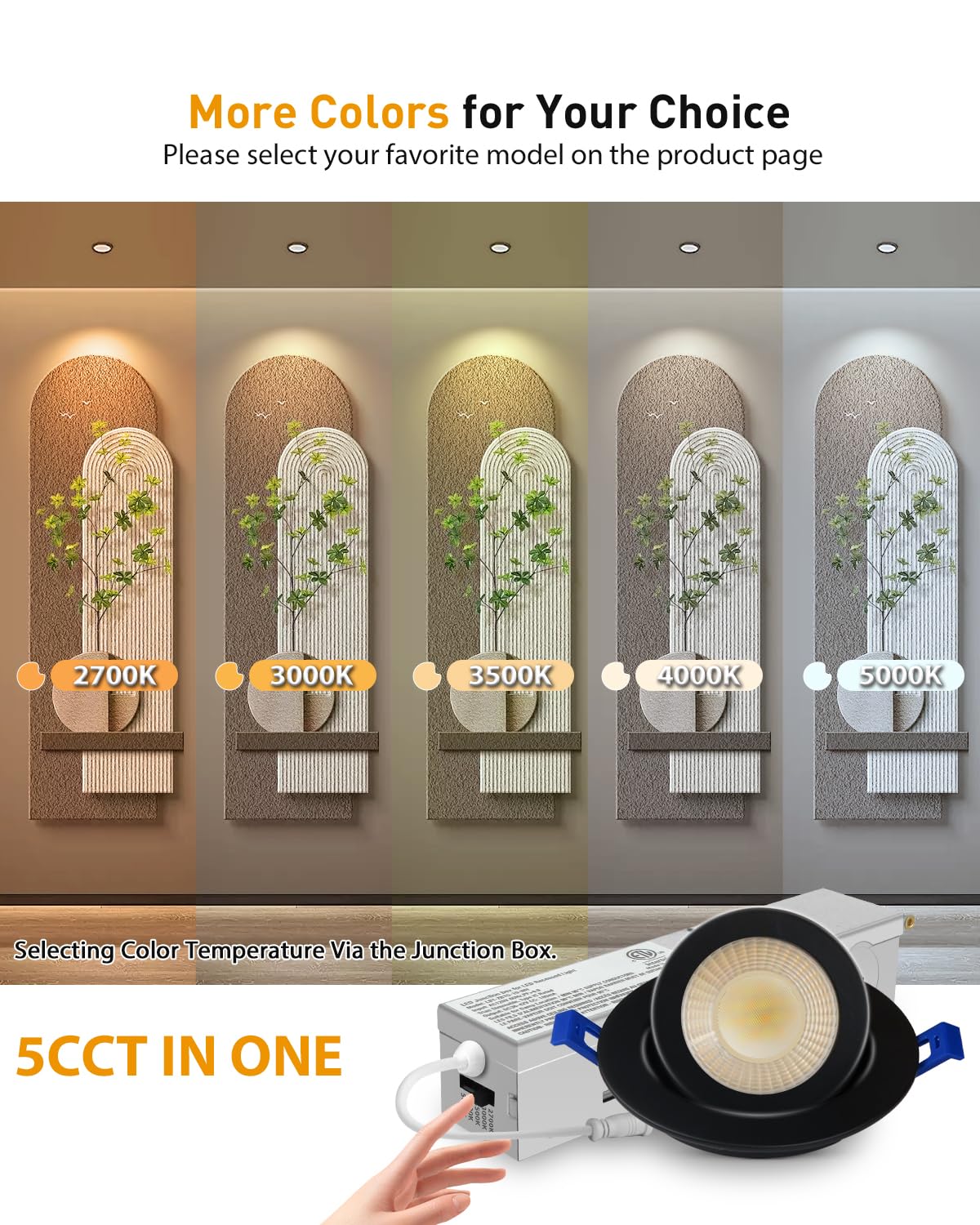 Adetu 2 Inch 5Cct Gimbal Black Led Recessed Lighting With Junction Box  360?90?Adjustable Led Recessed Lights  2700K/3000K/3500K/4000K/5000K  5W Eqv 50W  550Lm Brightness - Etl (Black  1 Pack)