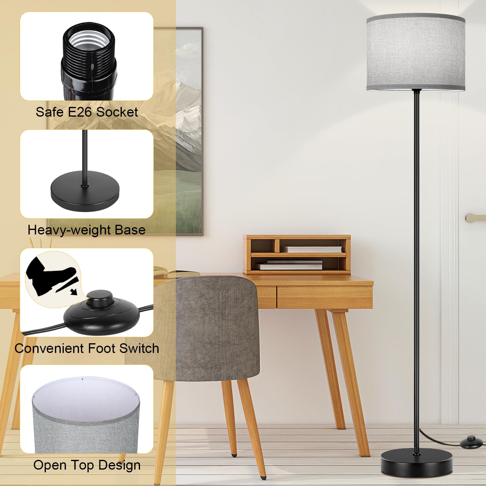65? Tall Floor Lamp For Bedroom, Living Room Pole Floor Light With Grey Shade, Dimmable Standing Floor Lamp With 3-Color Changin