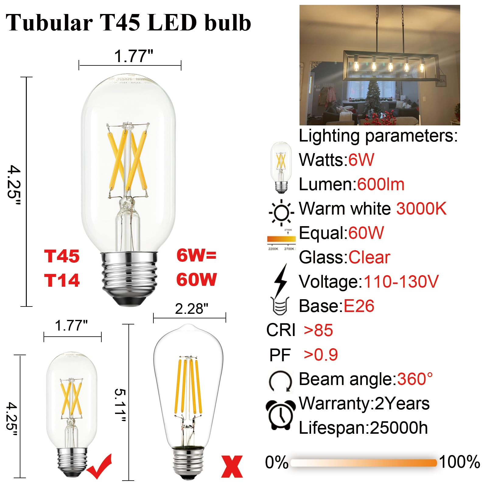 Litehistory T45 Led Bulb,6W E26 Led Bulb Dimmable Equivalent E26 Bulb 60 Watt,Warm White 3000K E26 Edison Bulb,Ac120V,600Lm,Cri8