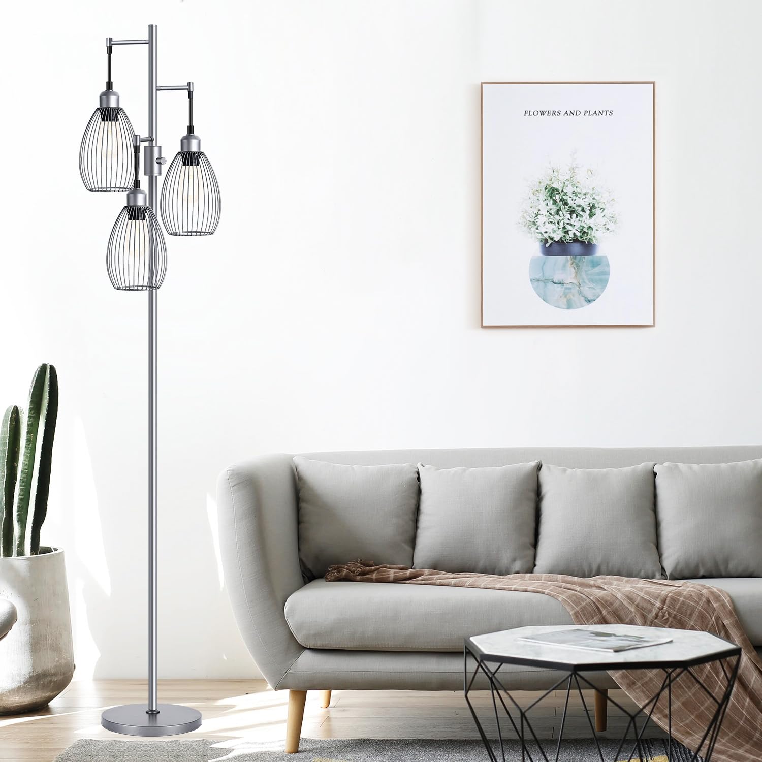 Nintiue Dimmable Floor Lamp, 3 X 800Lm Led Edison Bulbs Included, Industrial Floor Lamp Standing Tree Lamp With Elegant Teardrop Cage Heads Tall Lamps For Living Room Bedroom-Grey