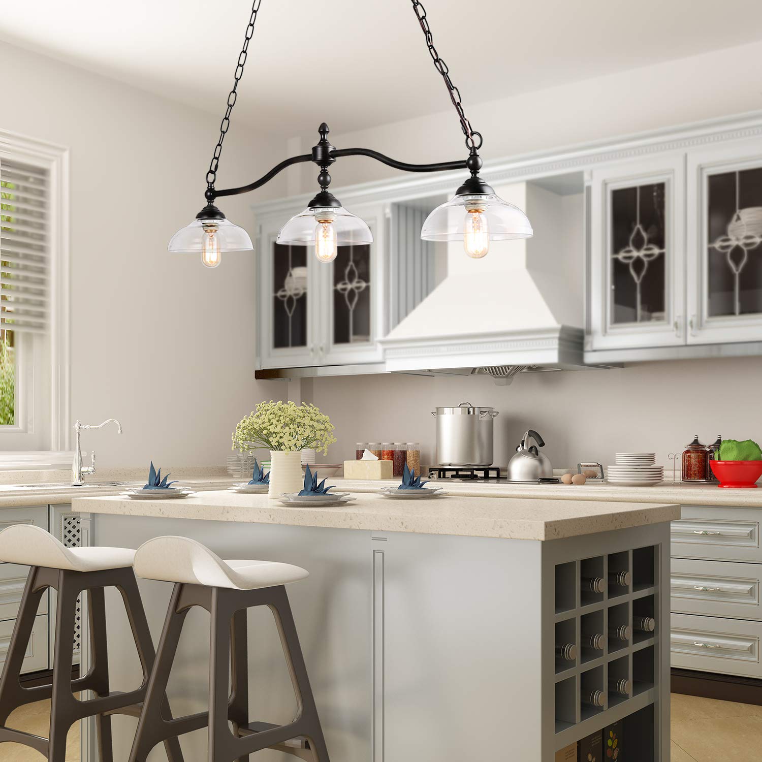 LOG BARN Farmhouse Chandelier, Rustic Black Metal with Clear Glass Shades, Adjustable for Dining Room, Kitchen Island