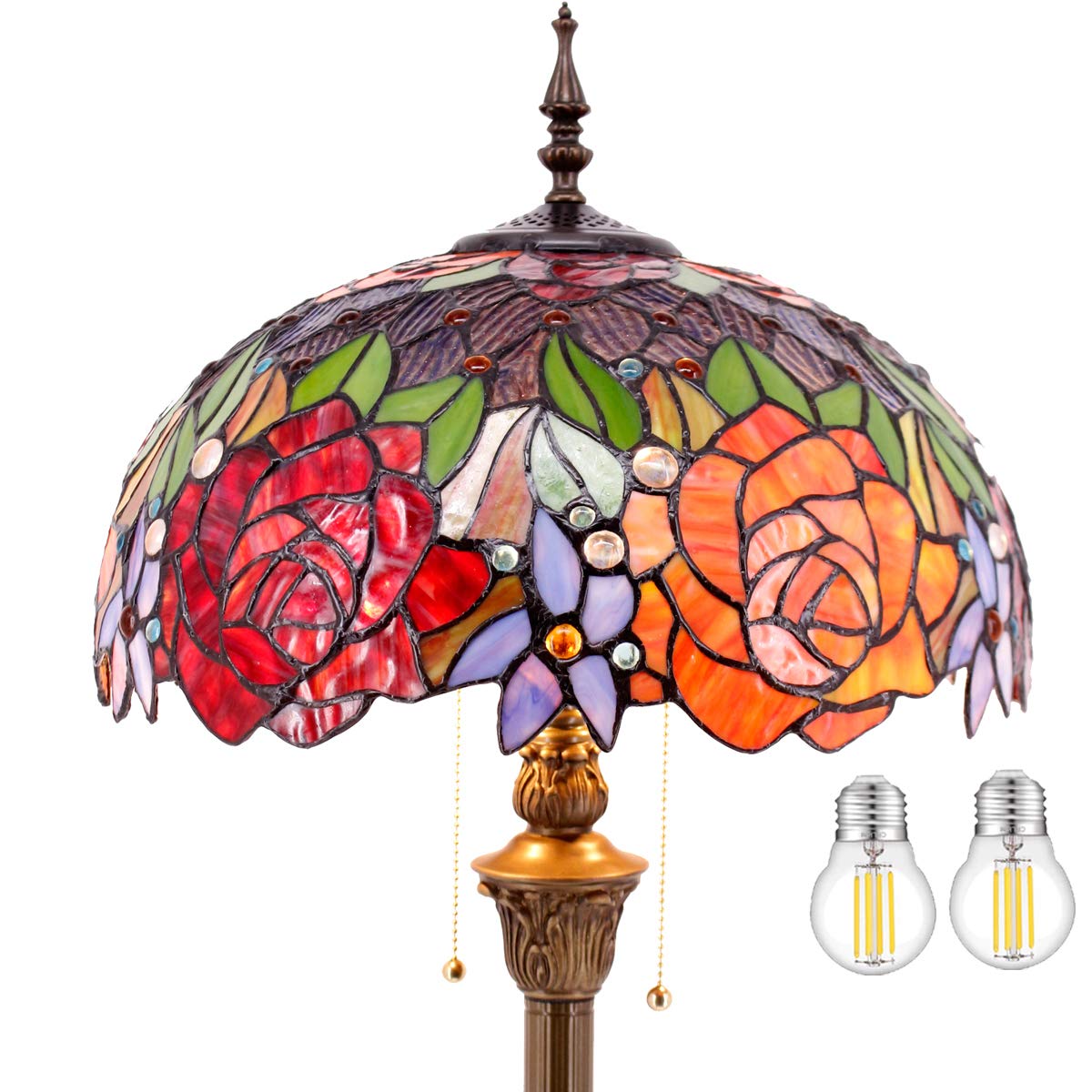 WERFACTORY Tiffany Style Floor Lamp, Glass, Red Yellow Rose, 16x16x64 Inches, Antique Pole, Corner Lamp for Bedroom Living Room