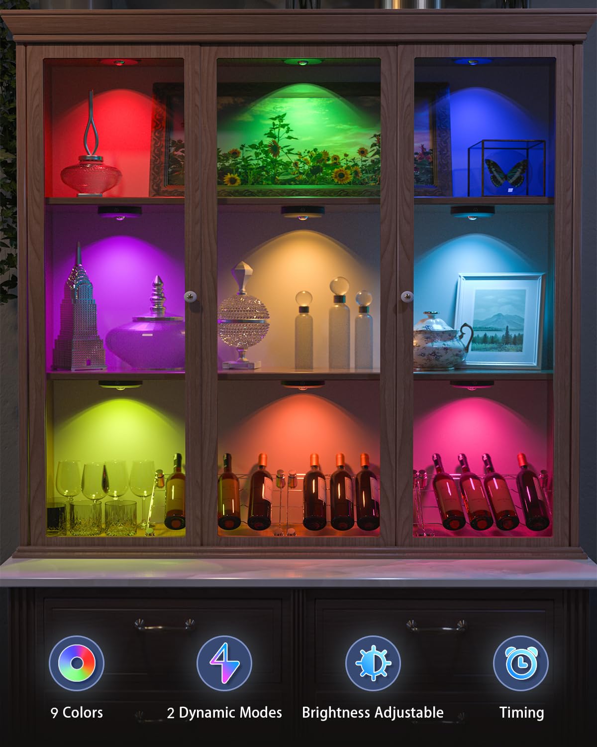 Willed Rechargeable Rgb Puck Lights With Remote Control, 1200Mah Battery Operated Tap Lights, Dimmable Touch Under Cabinet Light