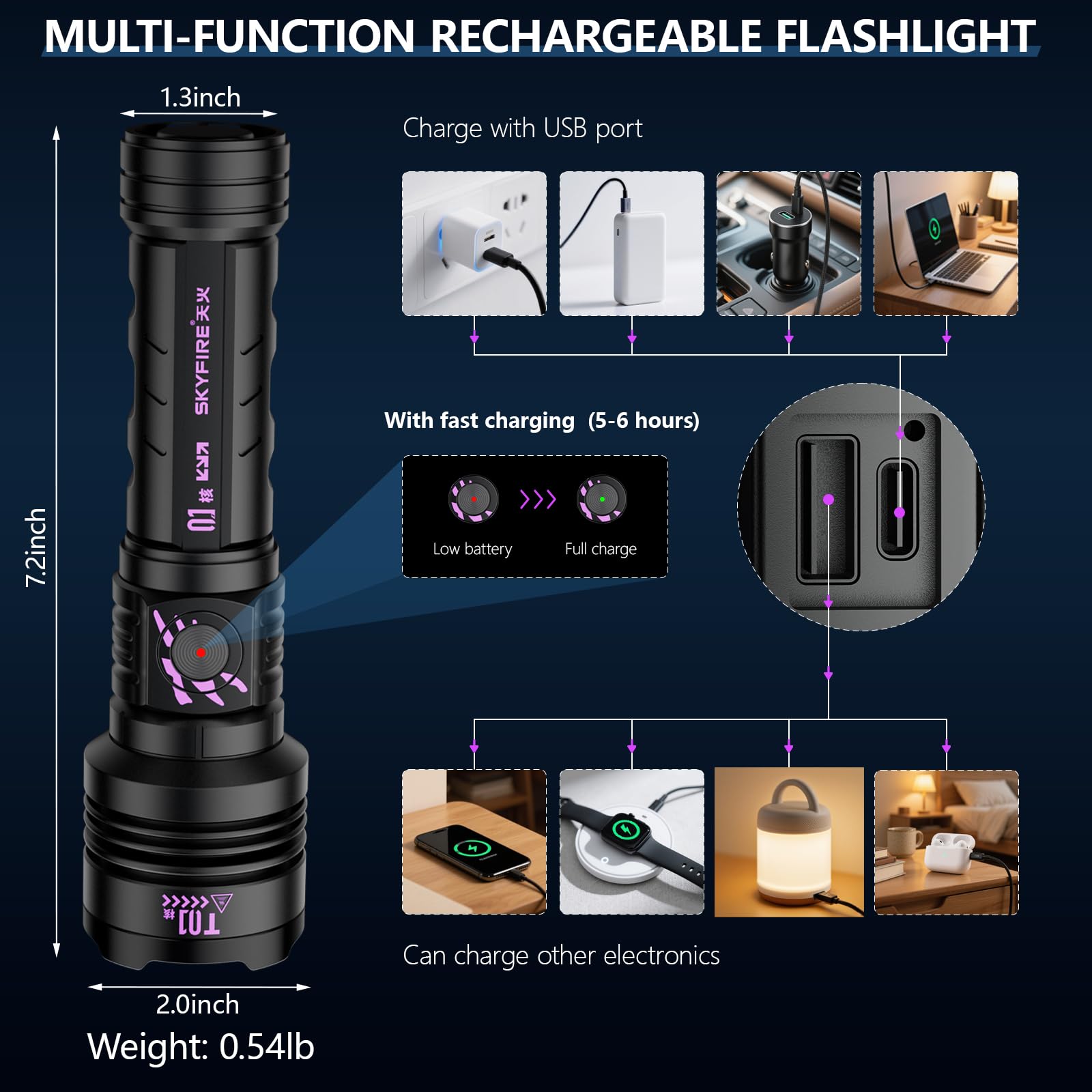 SKYFIRE Rechargeable Flashlight 3000lm LED Super Bright Tactical Waterproof Black