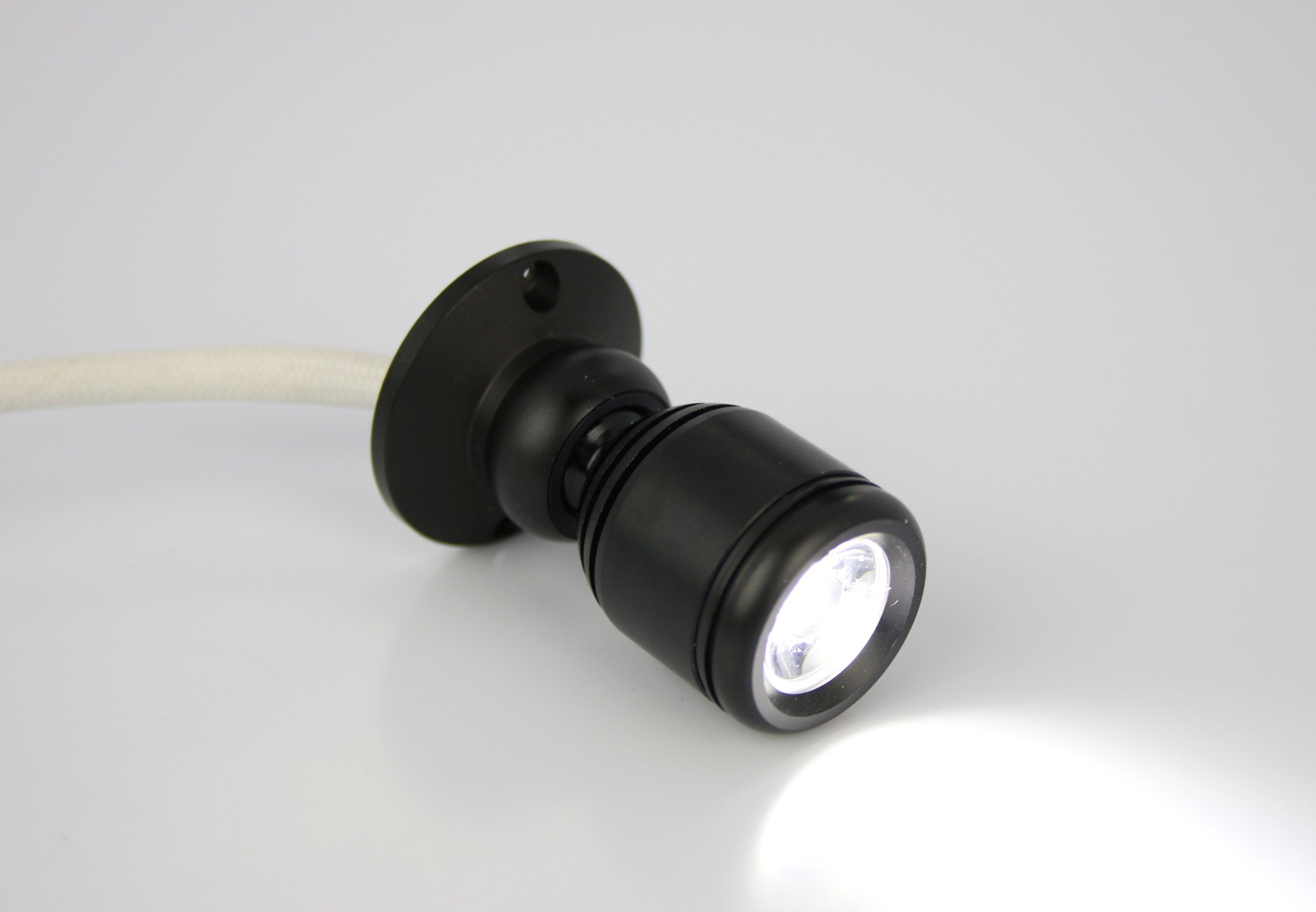 PilotLights Micro Pivoting LED Spotlight - 1W High Power, Cool White, 12-28VDC, Black, Model Micro-Pivot-1W-CW-12V
