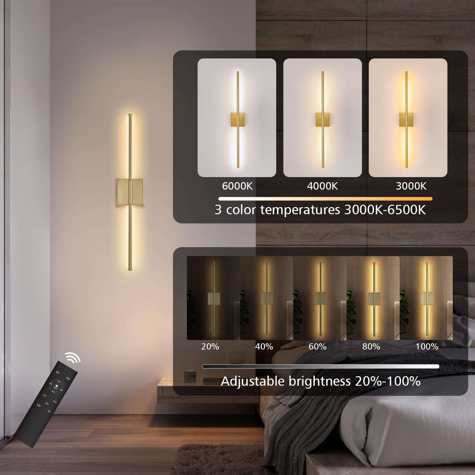 Danhh Wall Sconces 2 Pack, Dimmable 3000K-6000K, Rechargeable, Remote Control, 350° Rotate, Metal, Gold, Model HCP042