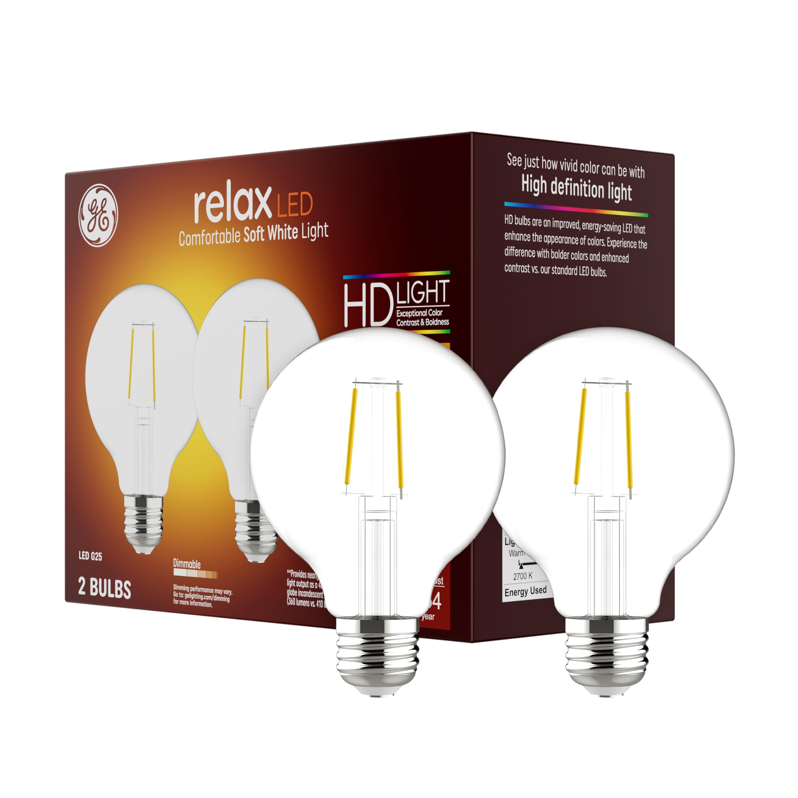 Ge Relax Led Light Bulbs, 40 Watt, Soft White, G25 Globe Bulbs, Clear, Medium Base (2 Pack)