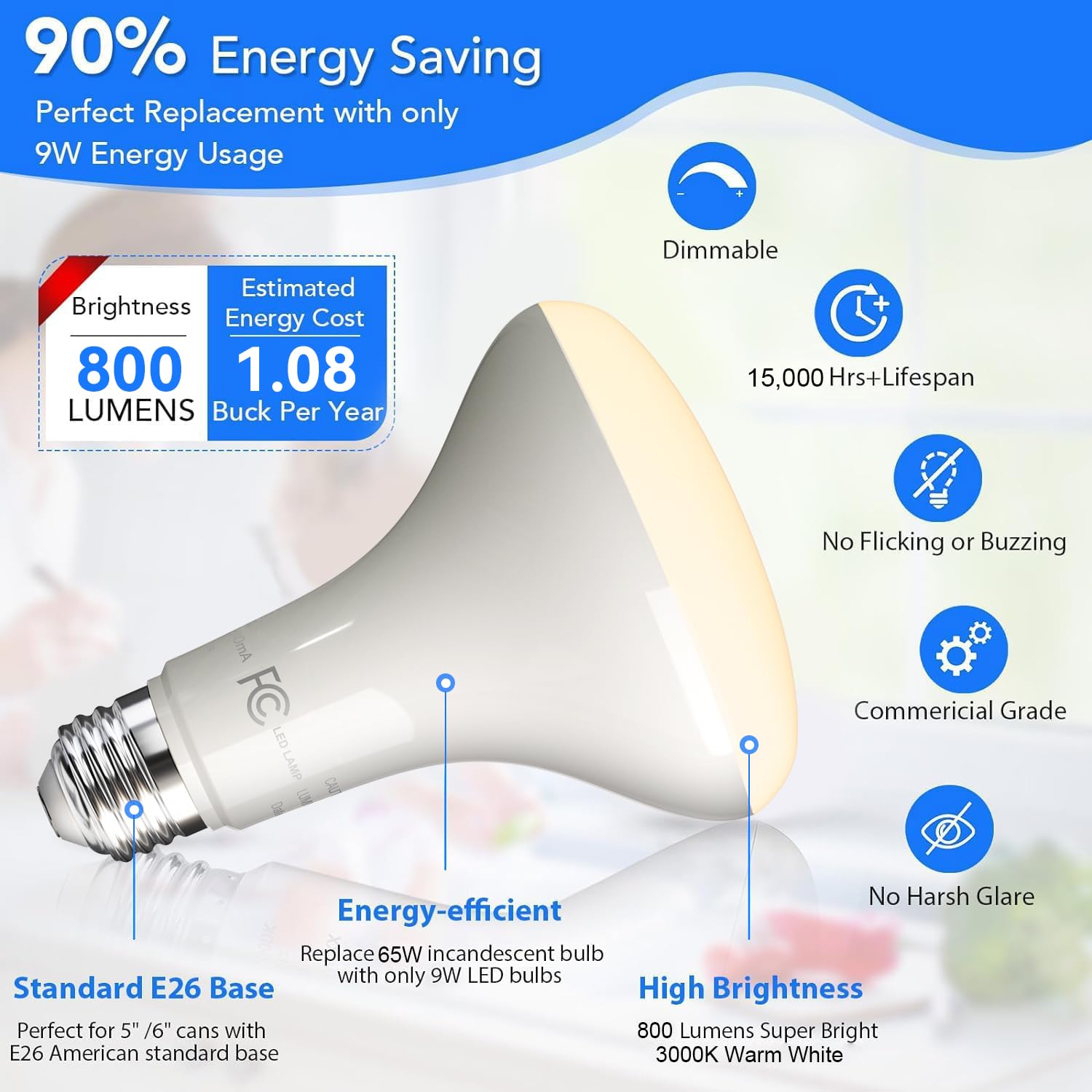 Volivo Led Flood Light Bulb 12 Pack, Recessed Ceiling Bulb, Br30, 65W Equivalent Efficient 9W, Dimmable, E26 Base, Warm White 30