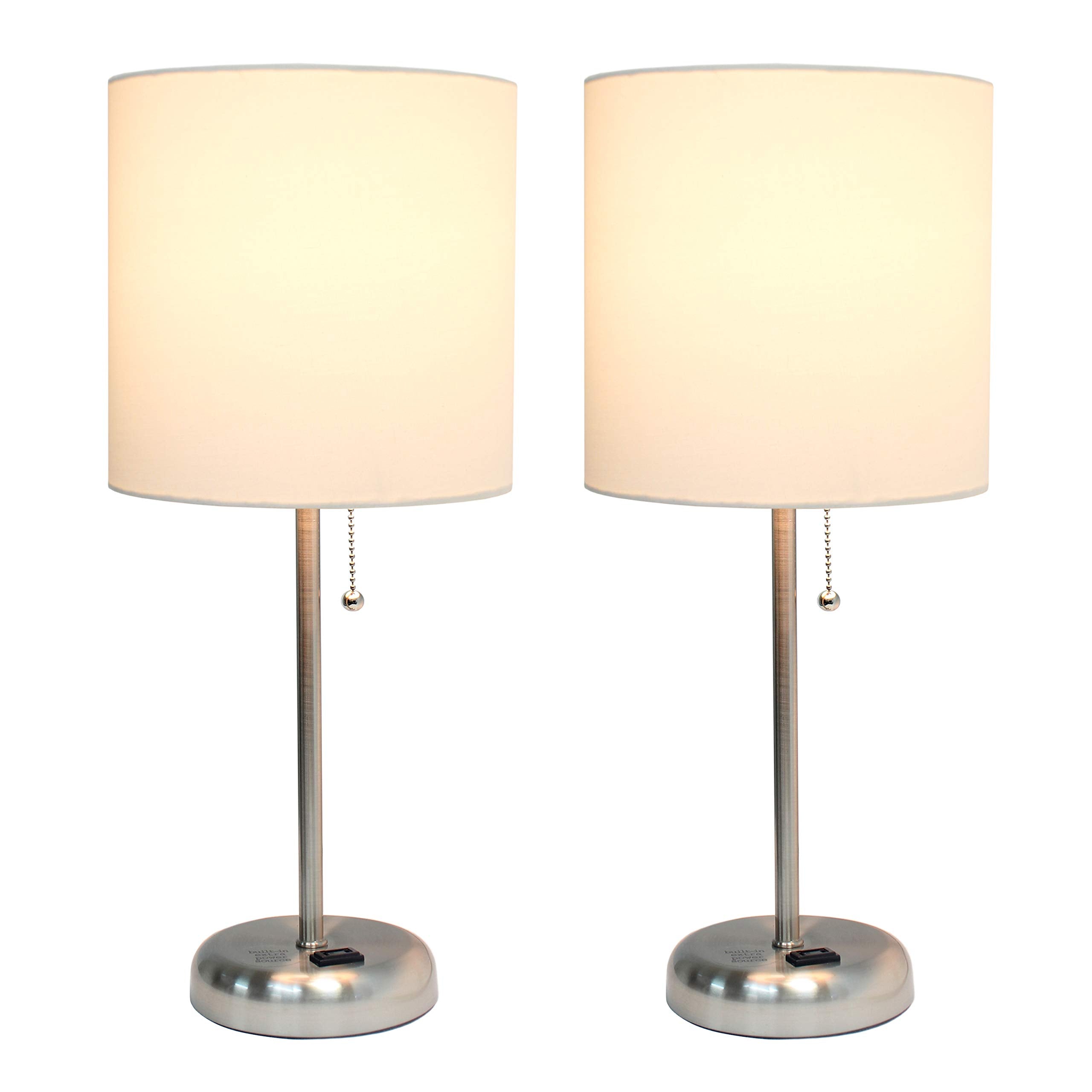 Simple Designs Lc2001-Wht-2Pk Brushed Steel Stick Table Lamp Set With Charging Outlet And White Fabric Shades, 2 Pack Set