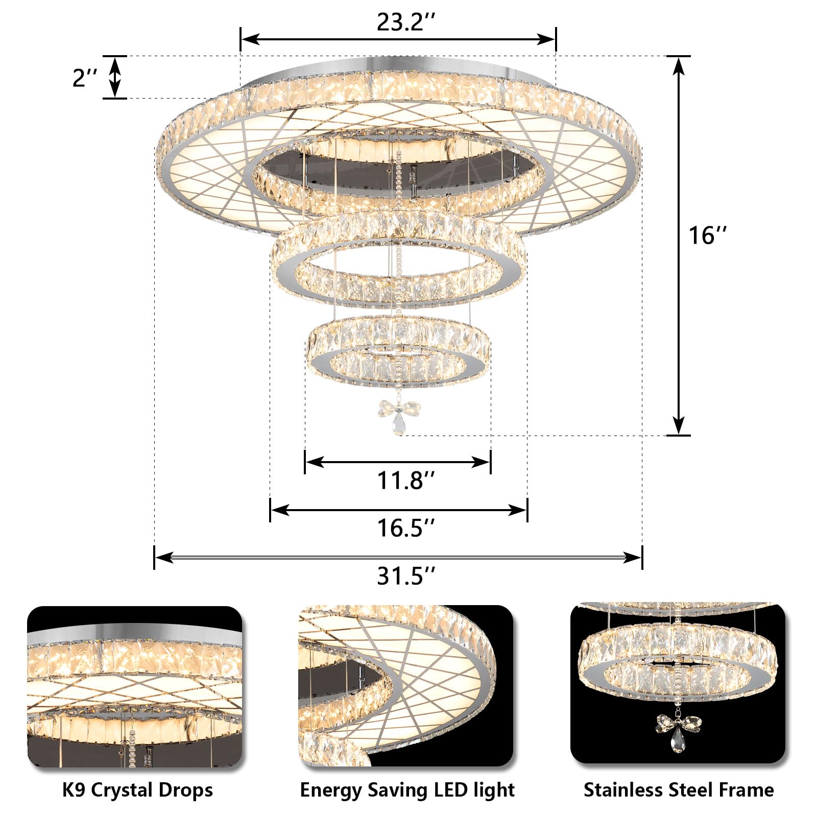 32''W Modern Chandeliers Living Room Light Crystal Flat Mounted Ceiling Lights Dining Room Light Bedroom Ceiling Drop Lighting F
