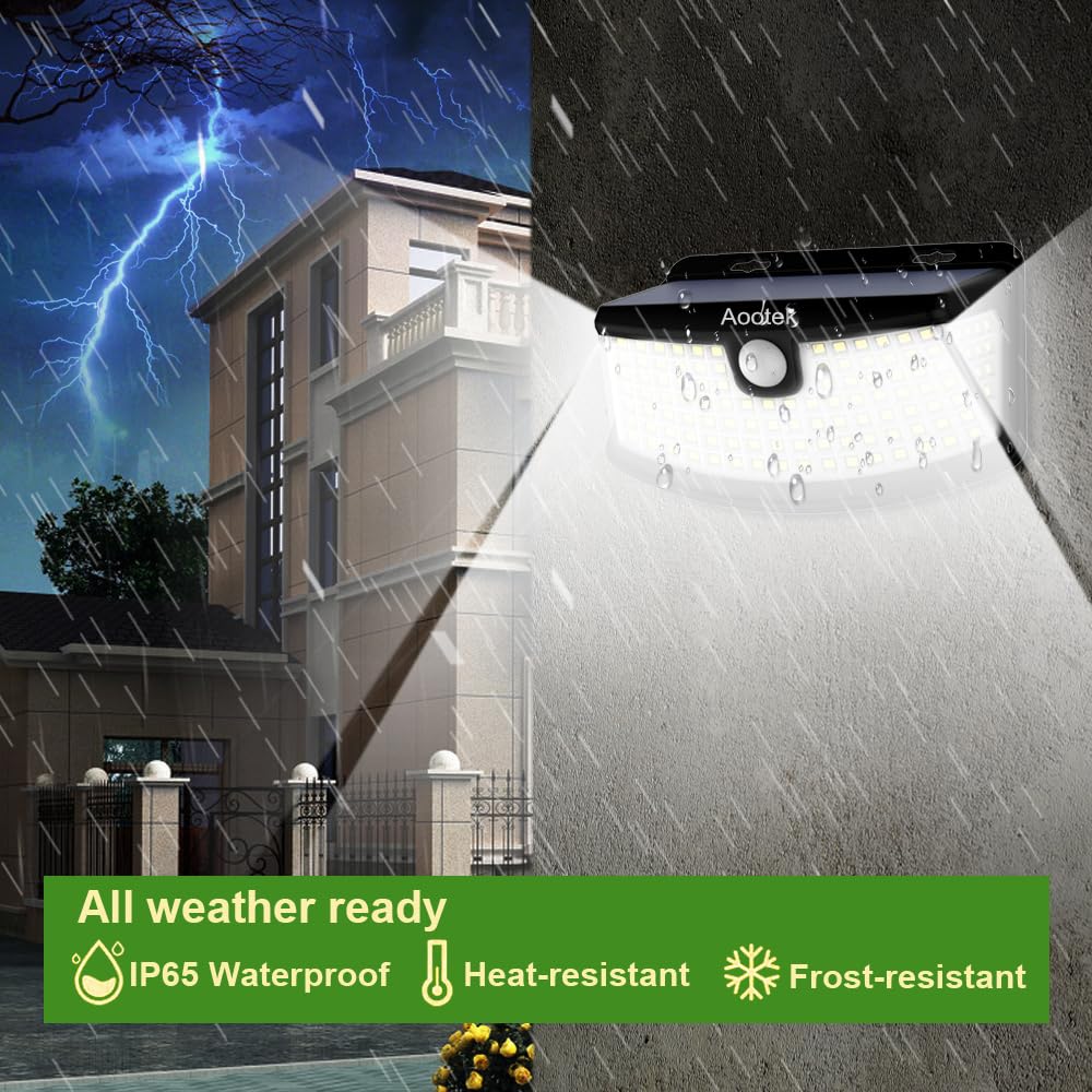 Aootek Solar Motion Sensor Lights, 120 LEDs, IP65 Waterproof, 270° Wide Angle, 4-Pack, Black, Model AK07