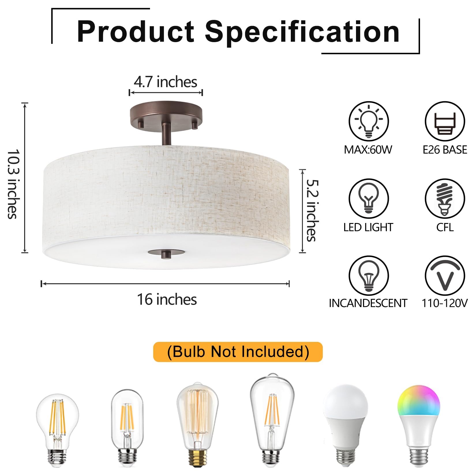 Bargeni Semi Flush Mount Ceiling Light Fixture,16 Inch Drum Flush Mount Ceiling Light,Modern Light Fixtures Ceiling Mount With O