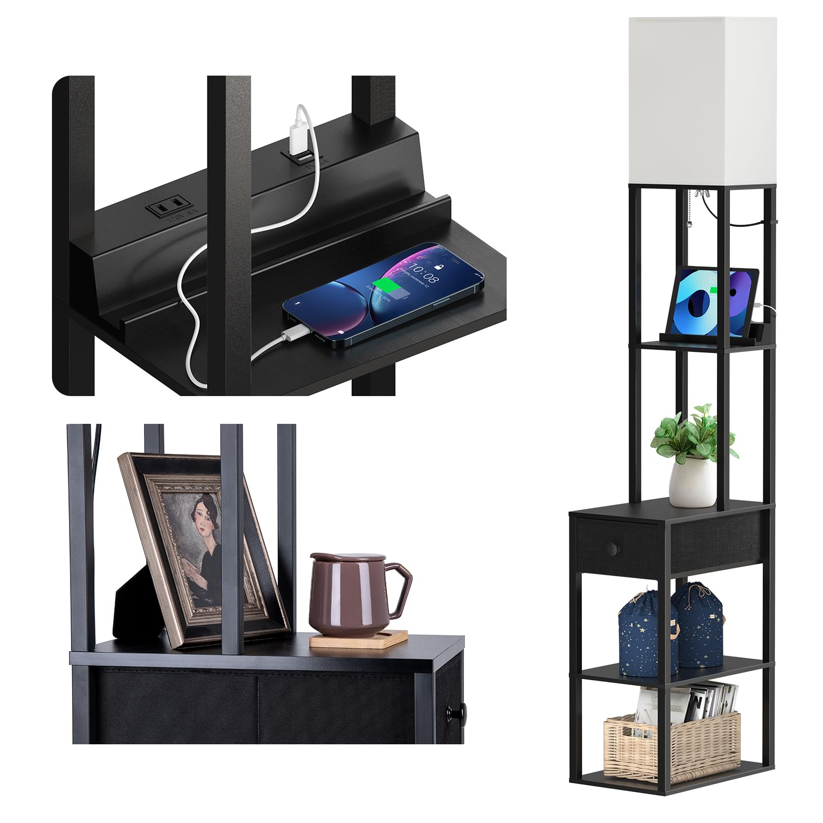 addlon Floor Lamp with USB, Outlet, Drawer, 3 Color Temperatures, Wood, Black