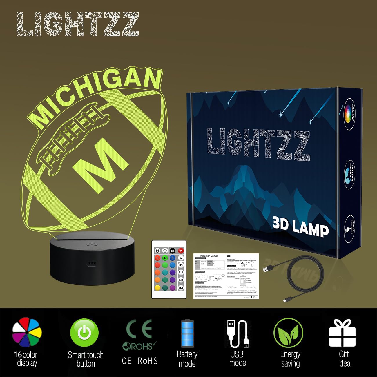 Lightzz 3D Football Night Light - 16 Color Remote Control Lamp, Michigan Multicoloured Decor for Kids Room