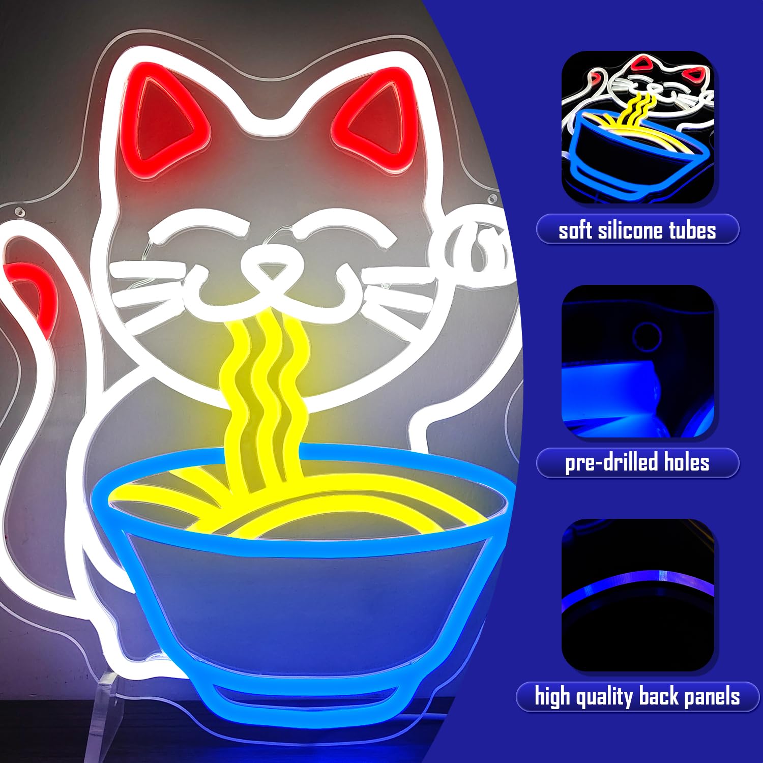 Fortune Cat Ramen Neon Sign Cat Neon Sign Dimmable Japanese Noodles Led Neon Signs for Wall Decor Anime Light Up Signs Neon Ligh