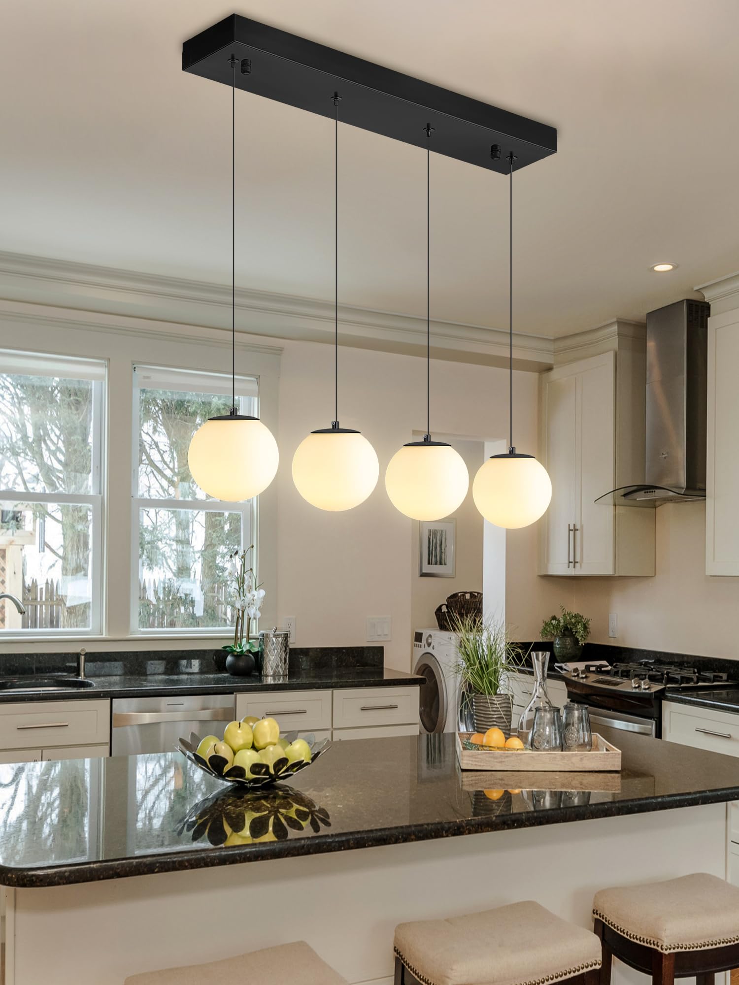 Ykolupty Dining Room Light Fixture 4-Light Black Kitchen Island Lighting Globe Glass Chandeliers For Dining Room Over Table Pend