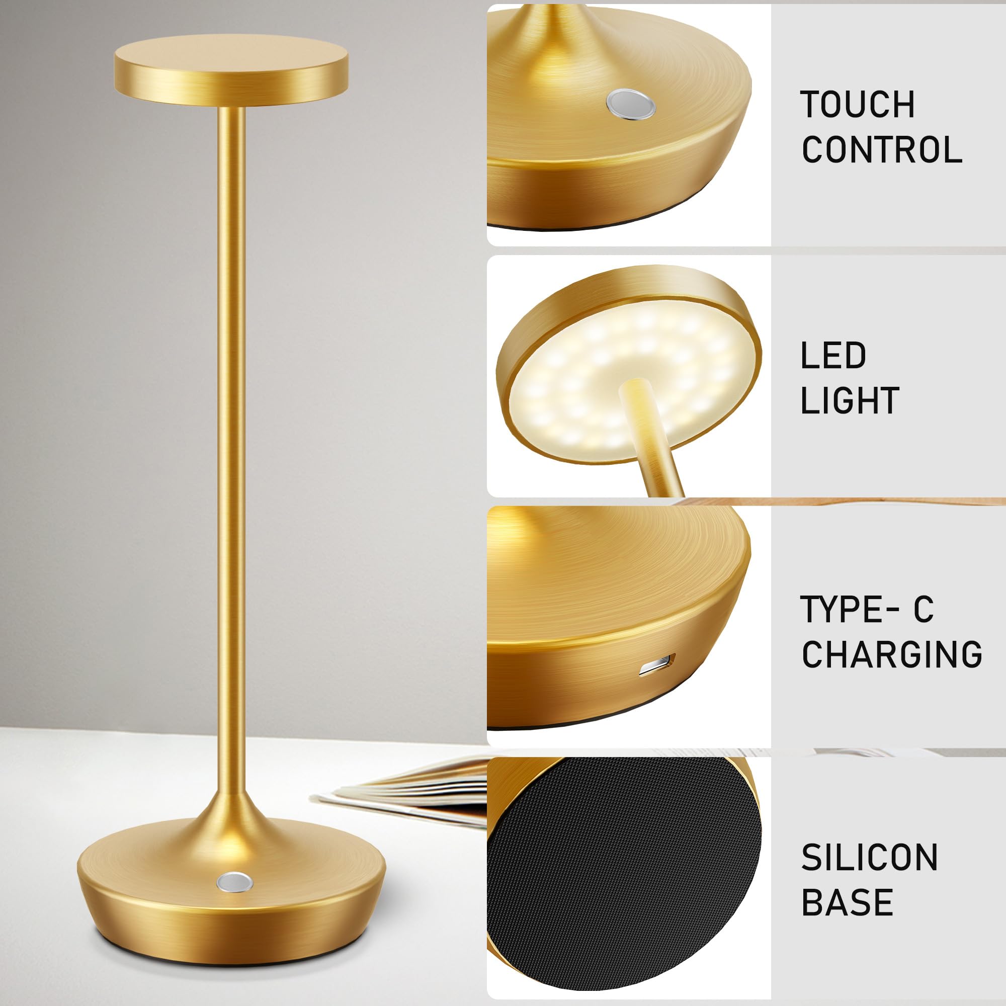 Willdoak Cordless Rechargeable Table Lamp - 6000Mah Led, Touch Dimmable, Waterproof, 2 Gold