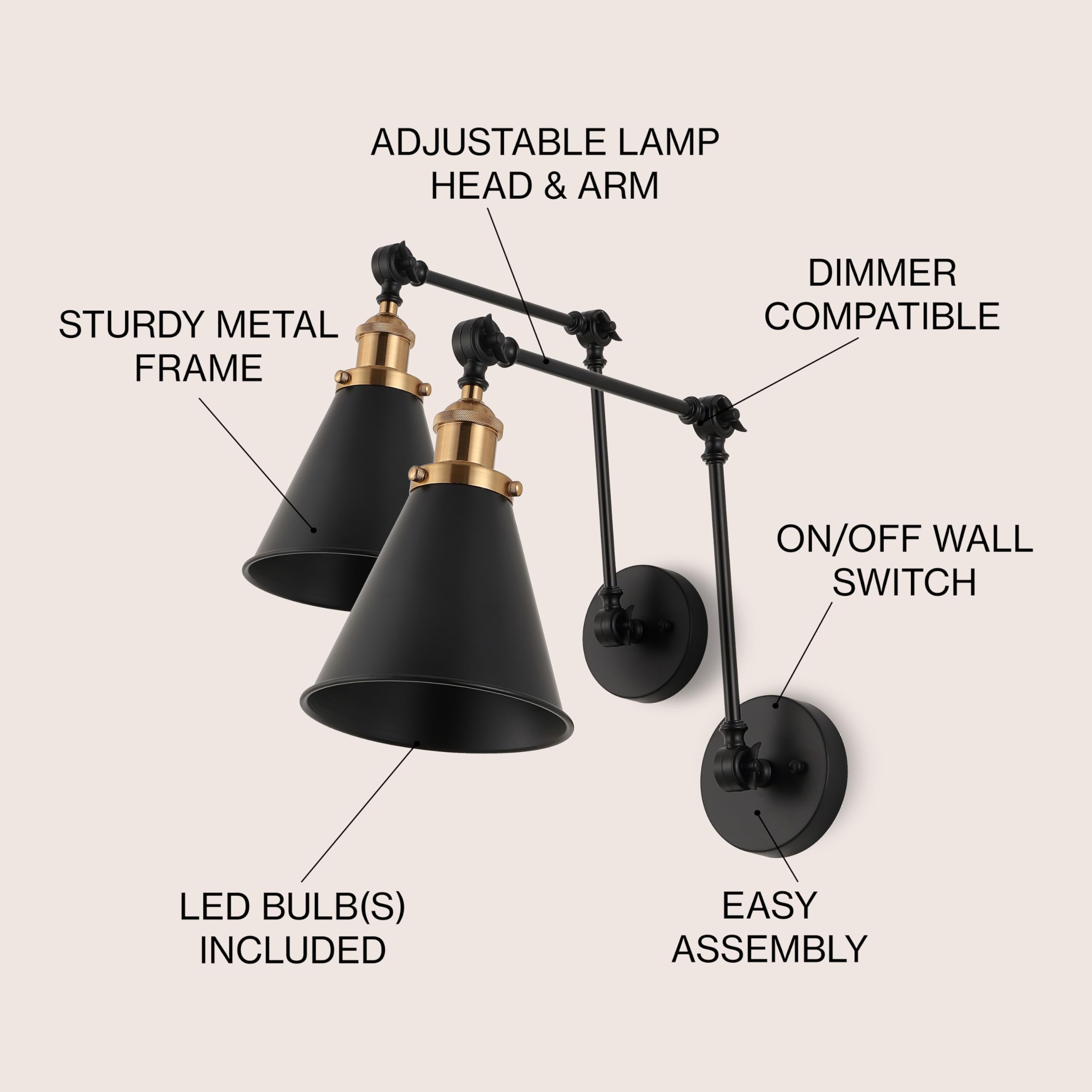 Jonathan Y Jyl7462A-Set2 Rover 7'' Farmhouse Industrial Adjustable Arm Metal Led Wall Sconce Rustic Bohemian 2700K 4W Bulb For E