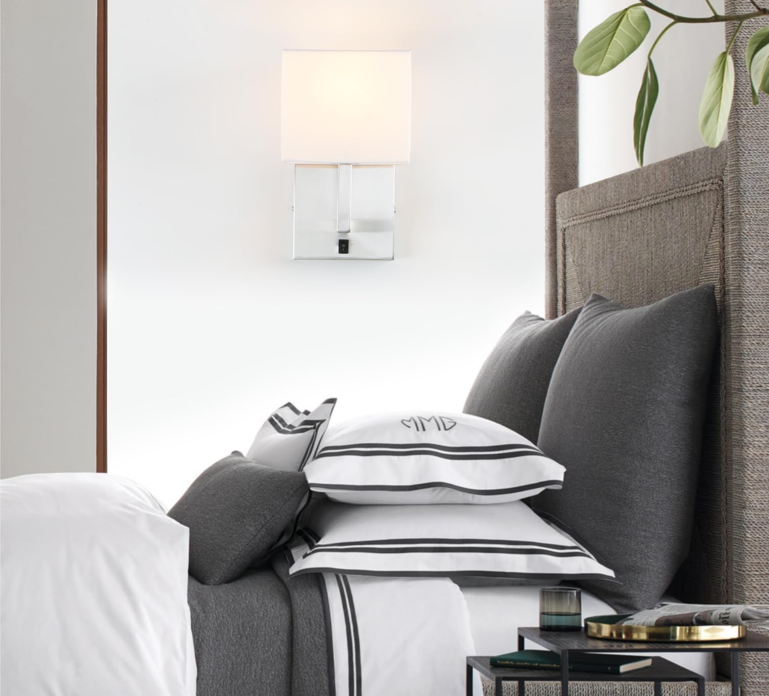 Permo Single Wall Sconce Light Fixture Brushed Finish With White Textile Shades And On/Off Switch Button Small Modern Nightstand