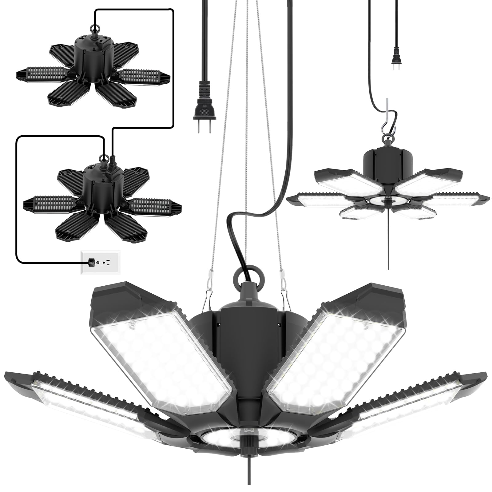 toberich 2-Pack Plug in Garage Light, 200W 20000LM Linkable LED Shop Light w/Pull Chain(ON/Off), 6+1 Deformable Panels, 6500K LE