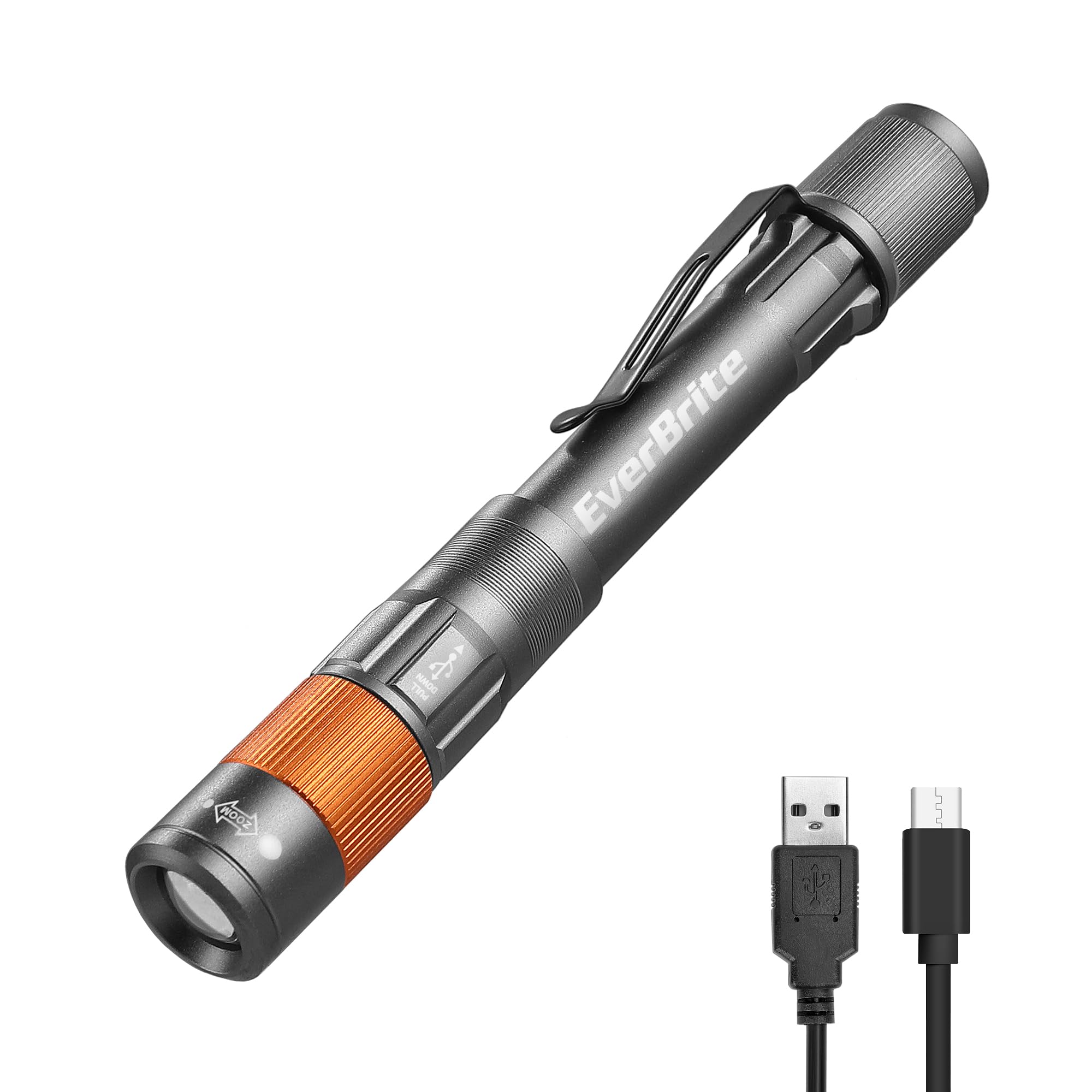 EverBrite Rechargeable Pen Light, 300 Lumens LED Flashlight, Zoomable, Aluminum, Gray