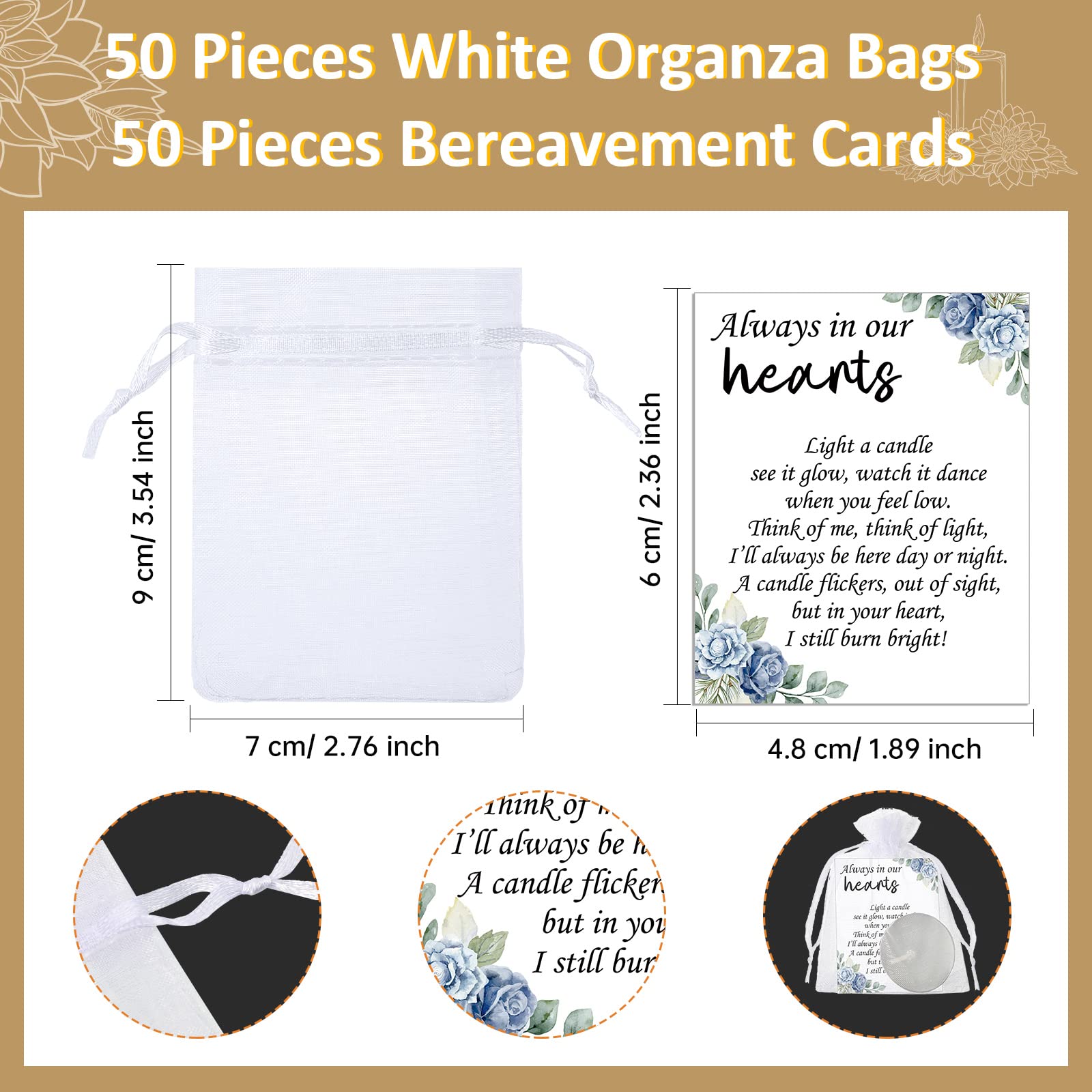 Coume 50 Set Unscented Tealight Candles - White Funeral Party Favors with Condolence Cards & Organza Bags for Life Celebrations