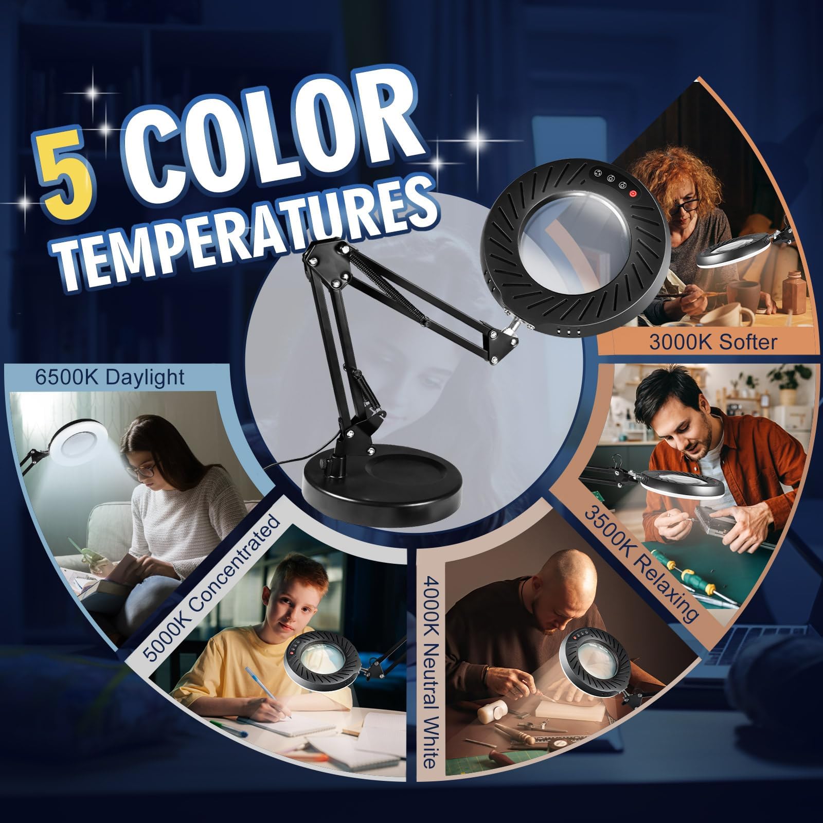 Toolastra 12X Magnifying Glass With Light And Stand, 144 Leds Brightest Magnifying Lamp, 10 Dimmable Brightness 5 Color Modes, H