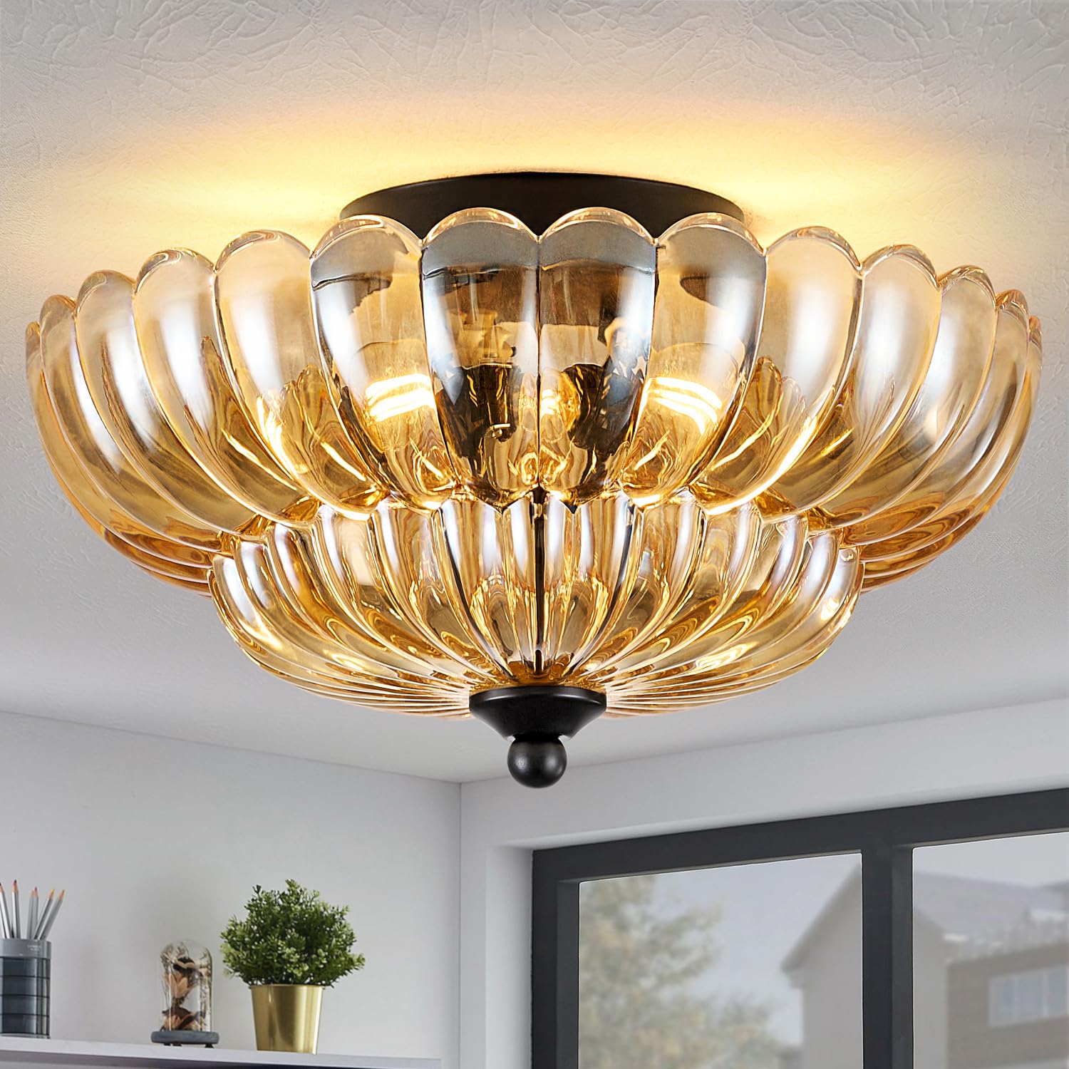 Modern Black Ceiling Light Fixture, 12'' Amber Glass Flush Mount Chandeliers, Semi Flush Mount Ceiling Light Fixture Suitable Fo