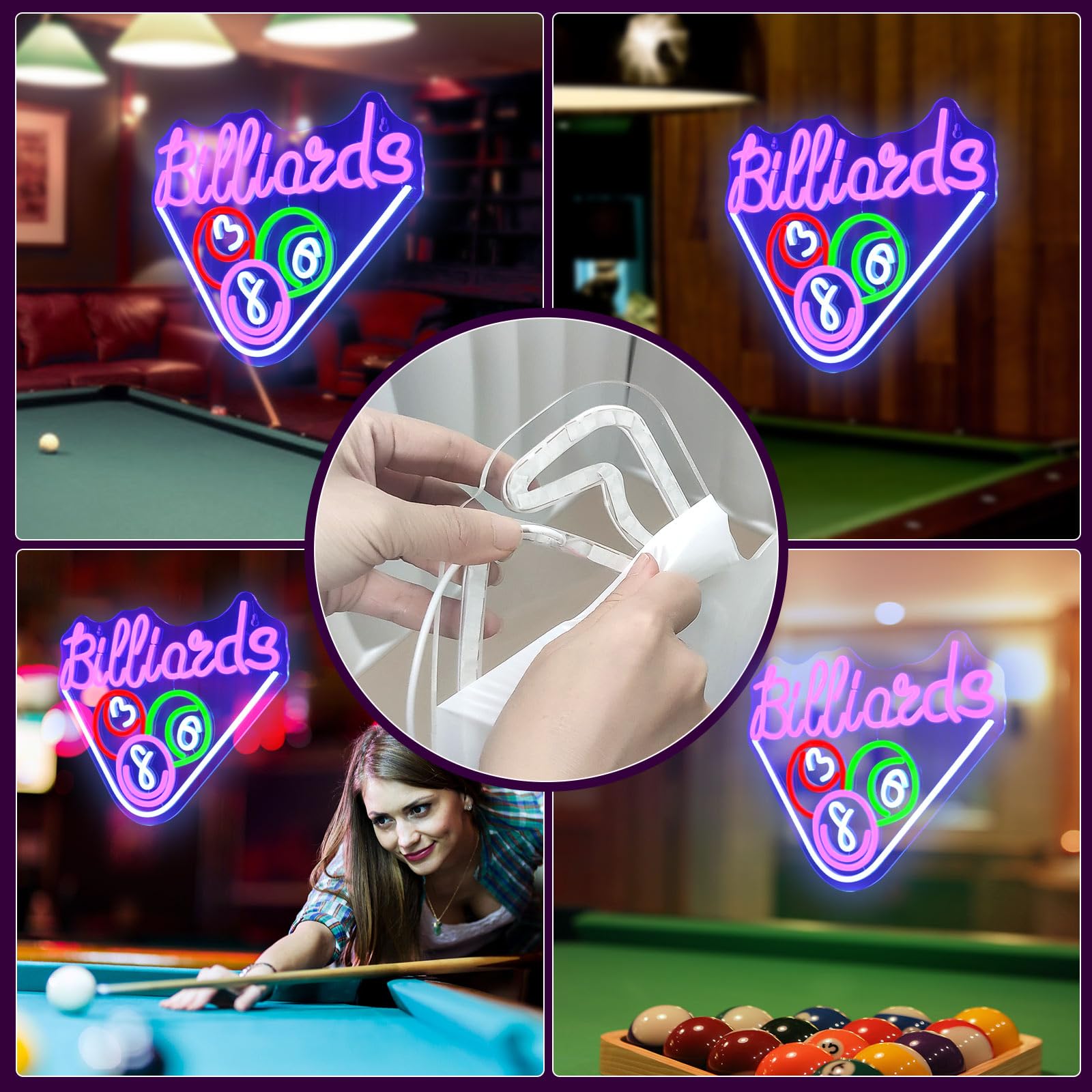 JEDAEMEN Billiards Neon Sign LED Wall Decor Medium Acrylic Purple Model 018 USB Powered