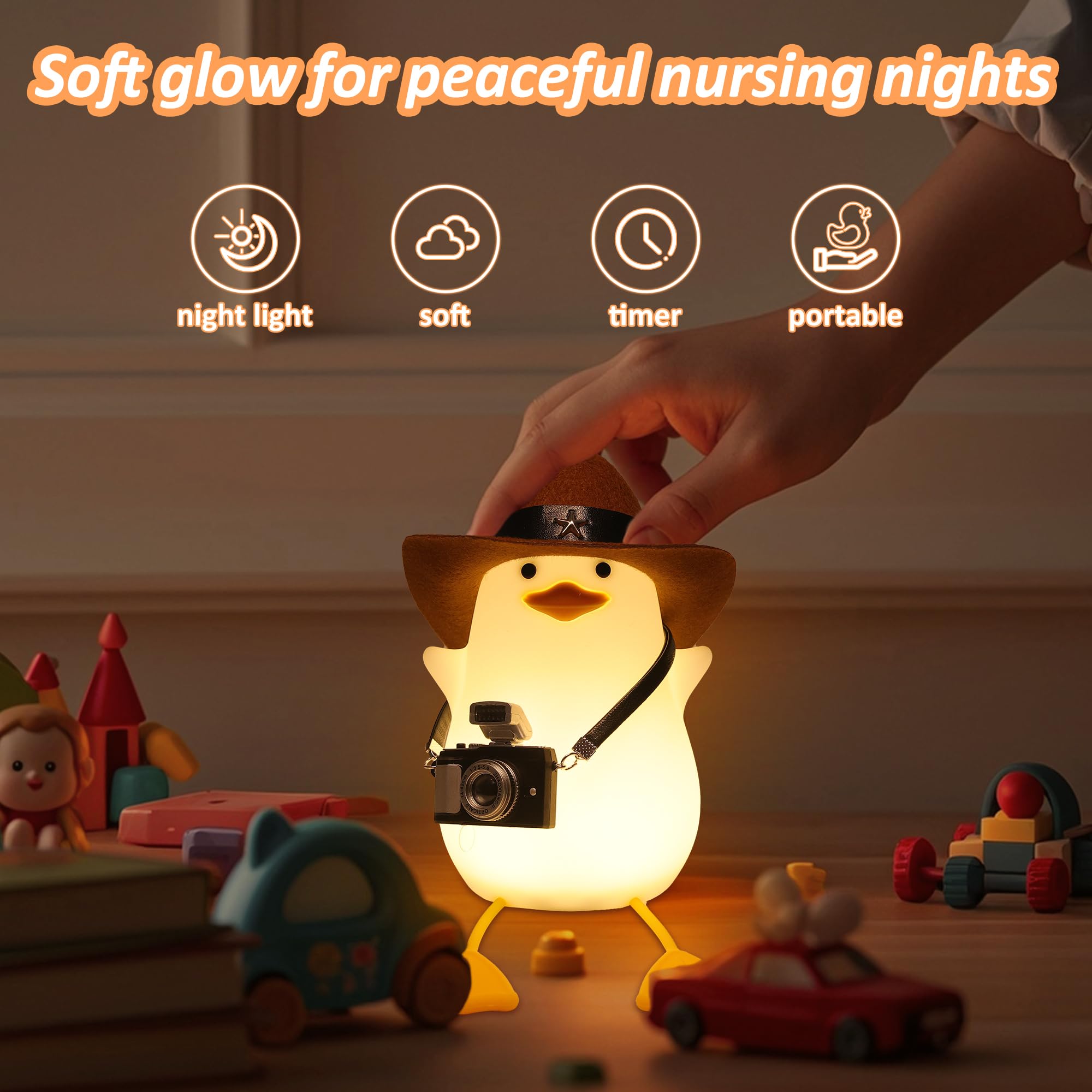 Anywin Duck Night Light for Kids, Silicone Bedside Lamp, Dimmer & Rechargeable, Cowboy Duck, Model FS-S001-CB