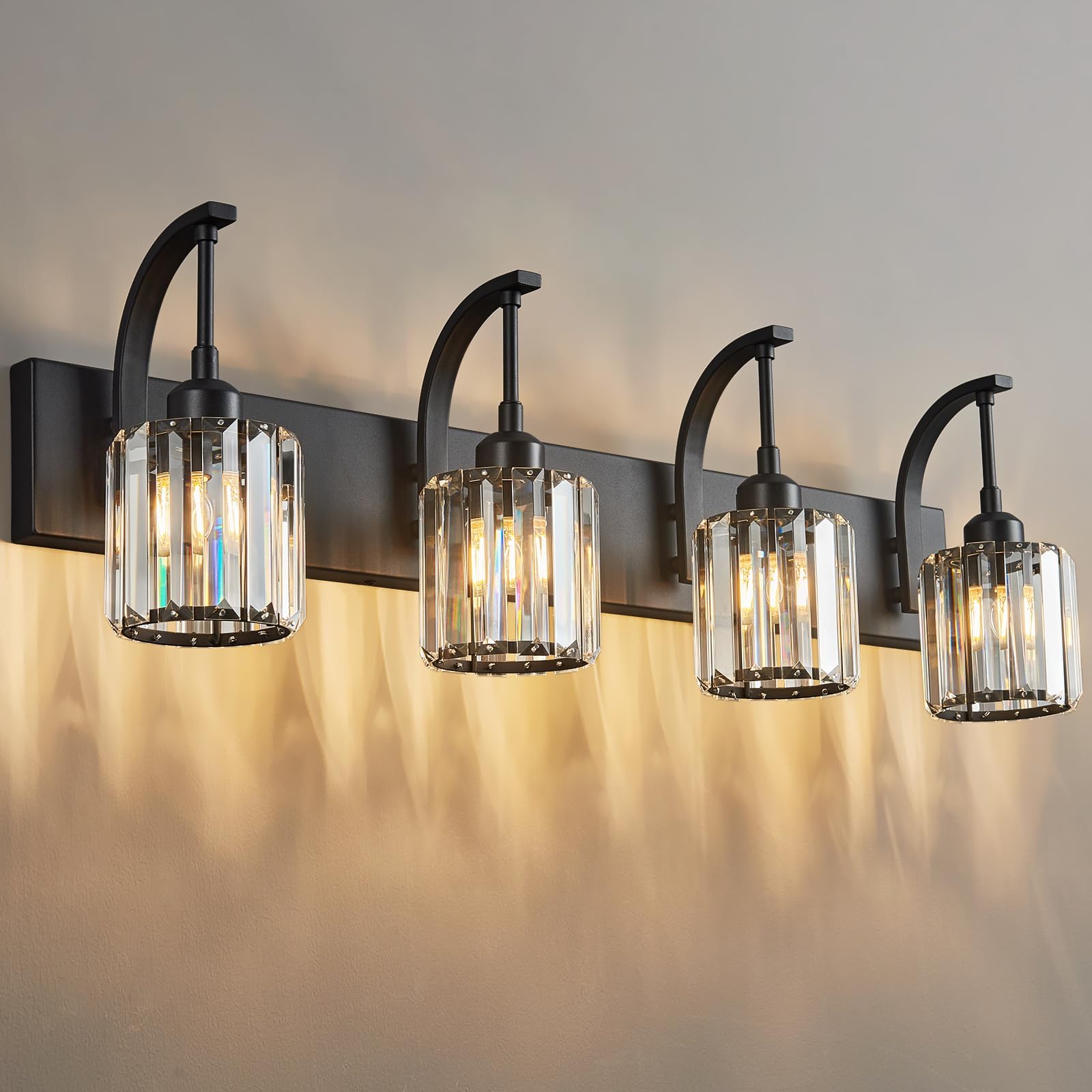 Fdpby 4-Light Crystal Vanity Light  Modern Black Bathroom Wall Sconce With K9 Crystal Shades  32.67 Long Over Mirror Lighting For Vanity  Makeup  Hallway  Elegant & Easy Install