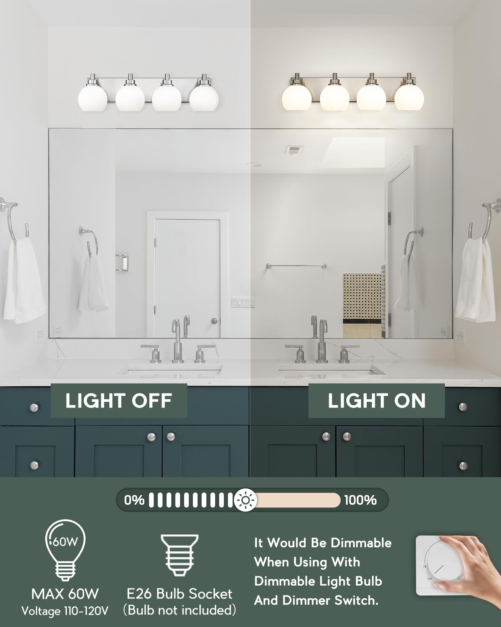 Metwet Bathroom Light Fixtures, 4 Light Brushed Nickel Vanity Light, 26 Inch Modern Wall Sconces With Globe Milk White Glass Sha