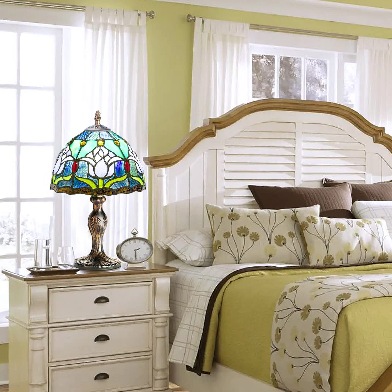 Miaoke Stained Glass Lamp Stained Glass Table Light  Handmade Desk Bedside Table Night Lamp  Antique Art Craft Gifts Lover Kid Living Room Bedroom Study Bookcase Desk Ligh-Blue Tulip