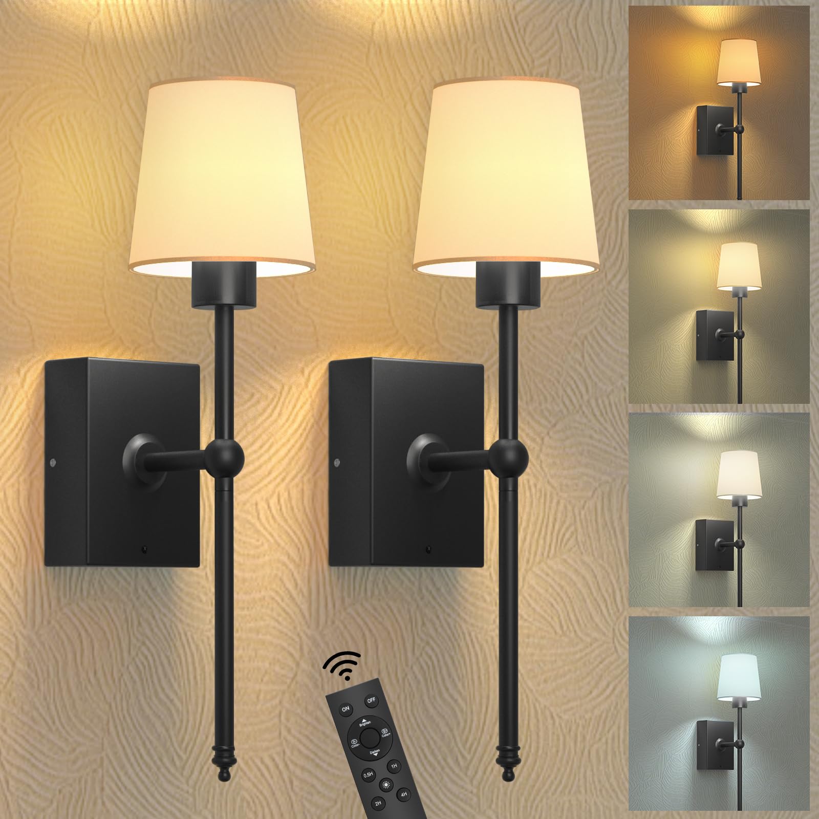 Ithird Battery Operated Wall Sconces Set Of 2: Black Rechargeable Wall Lights With 6000Mah Detachable Battery And Remote,4Cct Di