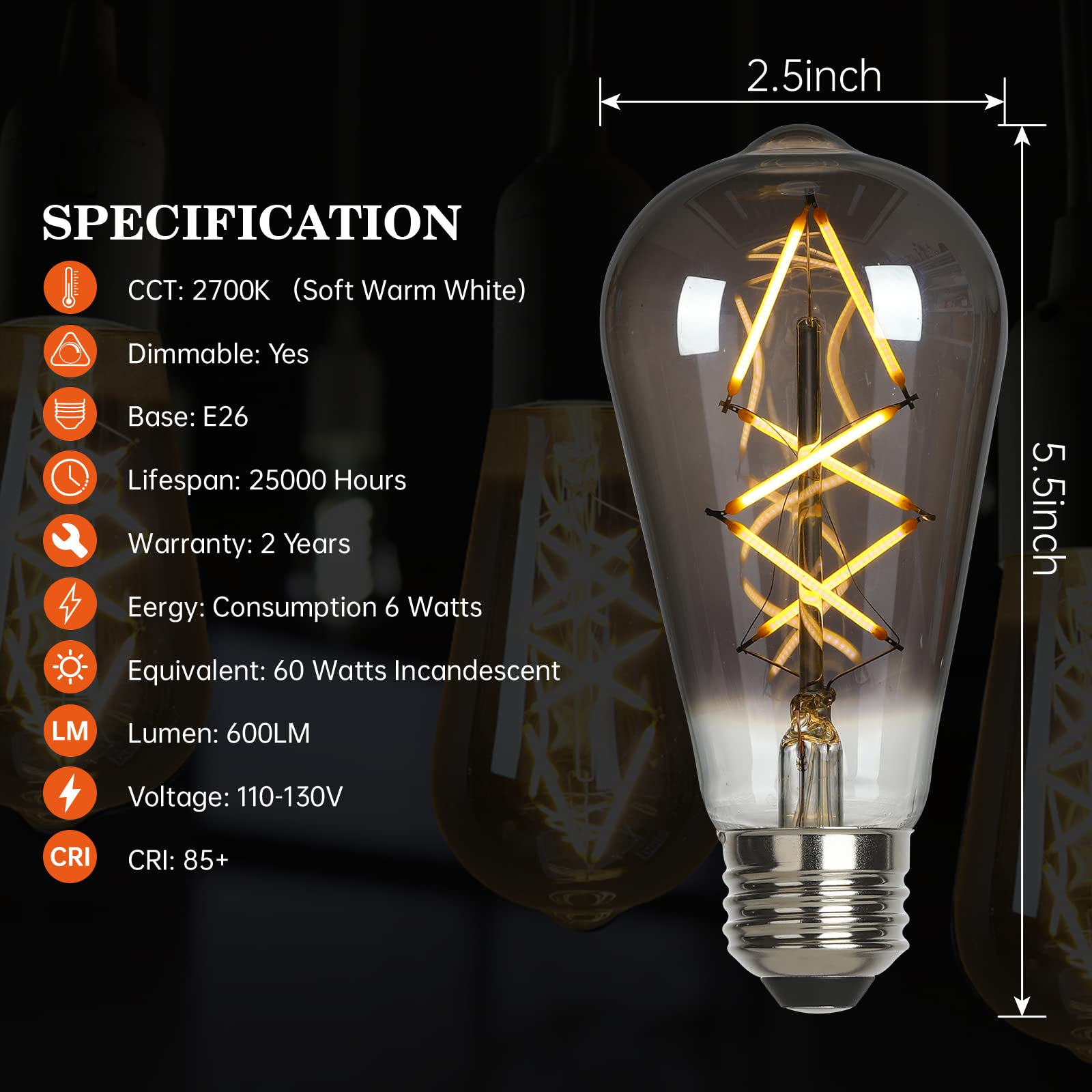 OMED Dimmable LED Edison Bulbs, 6W 2700K Soft White, Pack of 12, Smoky Grey Glass, 600 Lumens, E26 Base, Vintage Fish