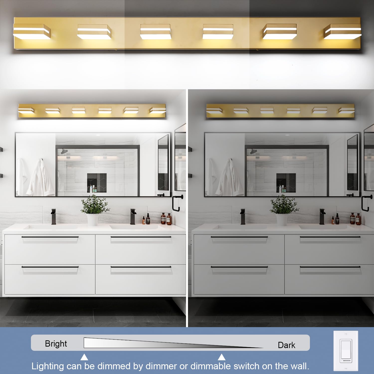 SineRise LED Bathroom Vanity Light, 6-Light, 48-Inch, Dimmable, Matte Gold Acrylic, Model H0001-35