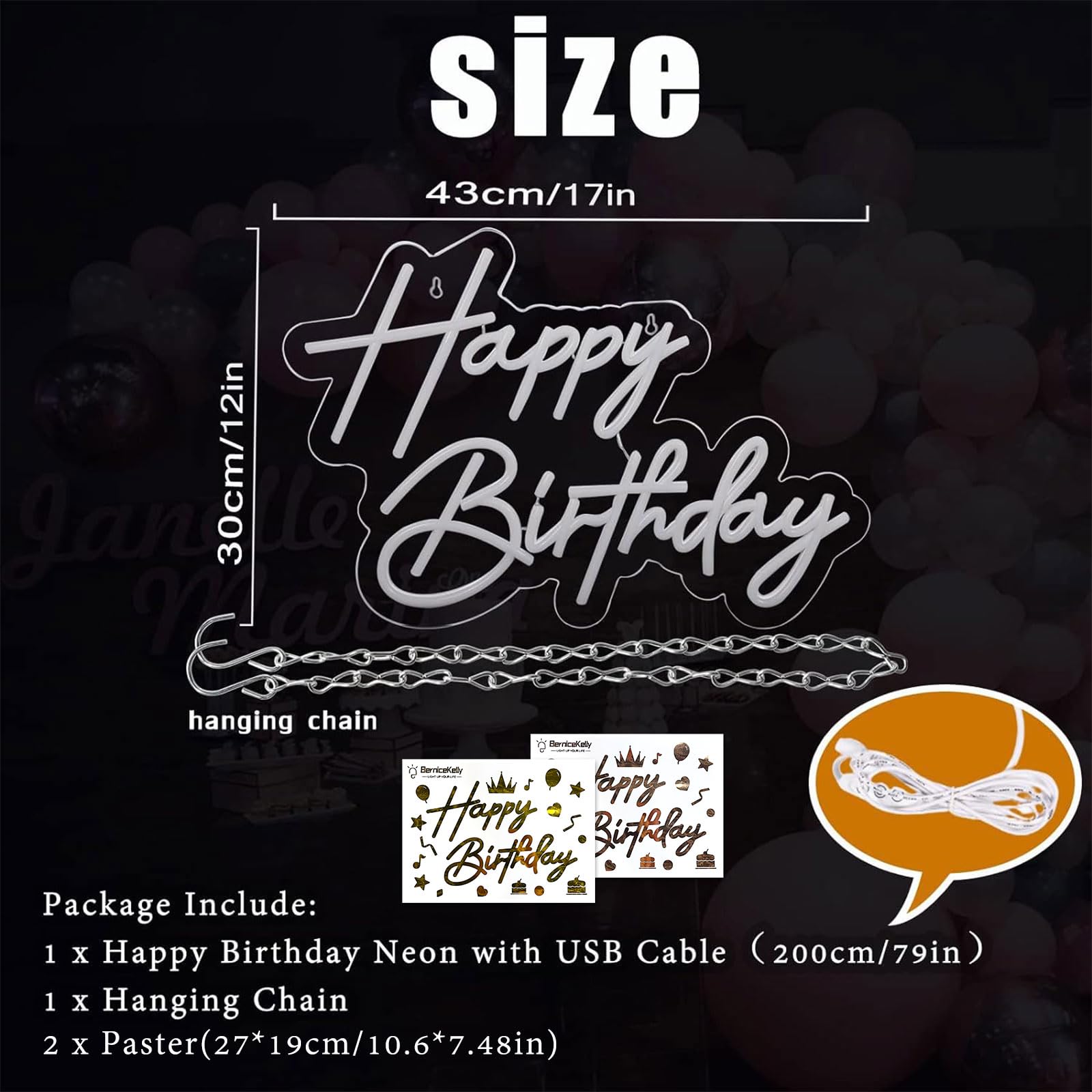 BerniceKelly Happy Birthday Neon Sign Wall Decor, 17x12 Inch, White LED Light, Model AW-12