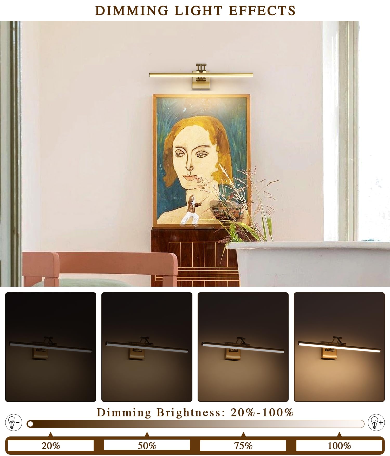 Joossnwell Hard-Wired Picture Light For Wall Brass Art Lighting Dimmable Gallery Light 23.62 Inch Picture Frame Light With Adjustable Swing Arm For Painting Library Display Artwork Museum Warm White