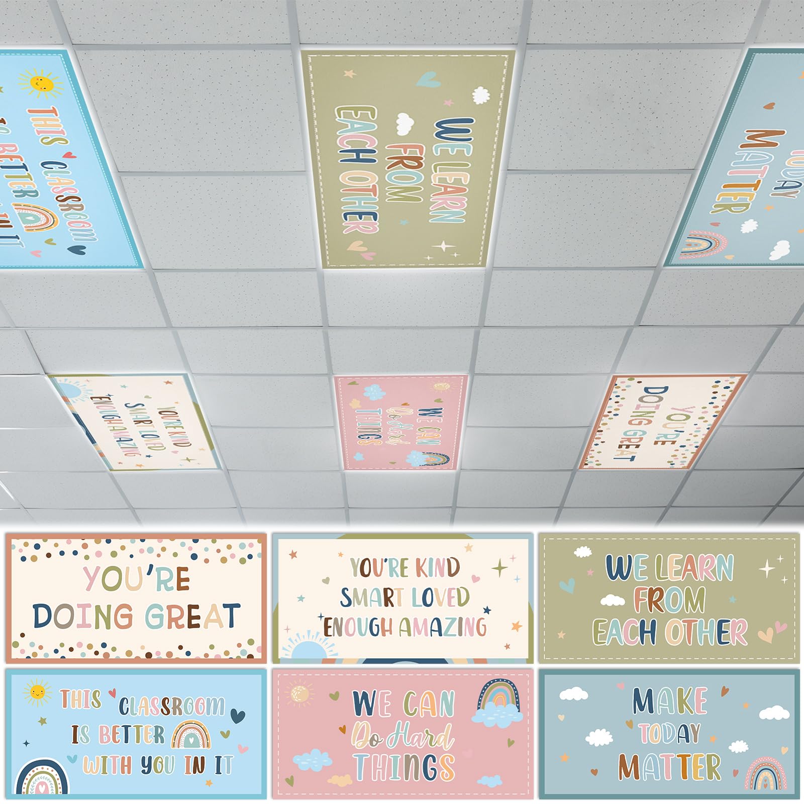 Wiooffen 6 Pcs Fluorescent Light Covers with 60 Magnets Decorative for Classroom Ceiling Light 4 x 2 Feet Magnetic Light Covers 