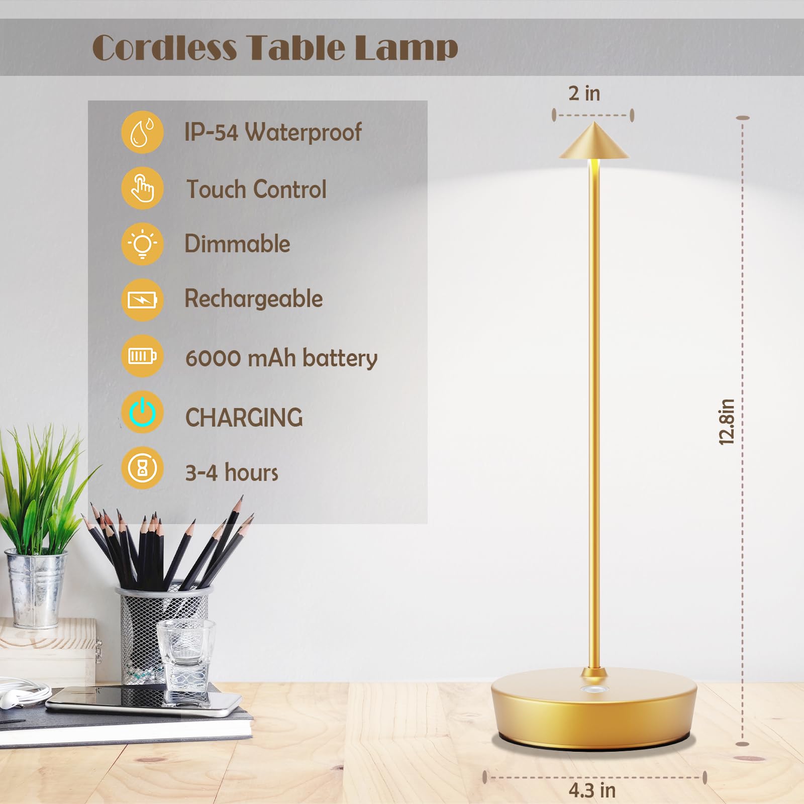 Ztflos Rechargeable Cordless Table Lamp,Outdoor Table Lights 6000 Mah Portable Touch Battery Powered Table Lamp,Led Minimalist Table Desk For Restaurant/Couple'S Dinner/Family Gathering(Gold)……