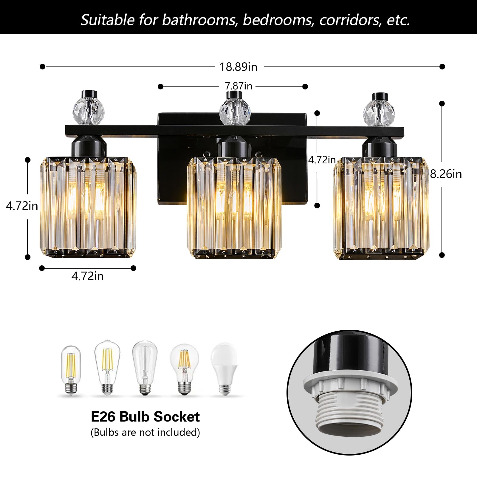 FDPBY Black Bathroom Vanity Lights, 3-Light Crystal Fixture, Metal, Modern Design, Model 290