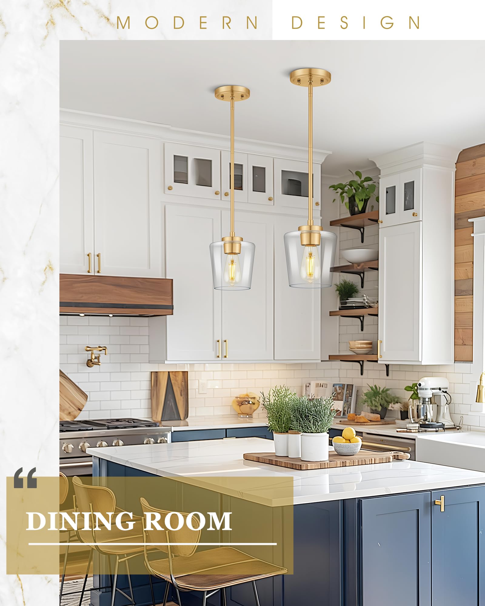 Audickic Gold Pendant Lights Kitchen Island, 6'' Hanging Lights Fixtures With Clear Glass Shade, Modern Brass Kitchen Pendant Li