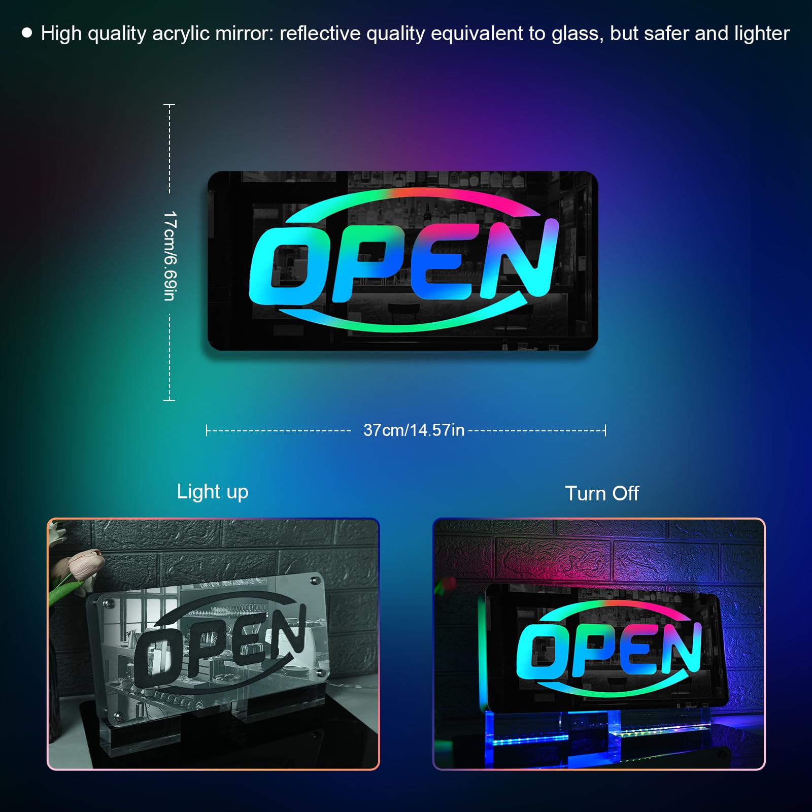 ineonlife Open Neon Sign - Mirrored Colorful LED Light for Business Decor, 14.57 x 6.69 inches, USB Powered